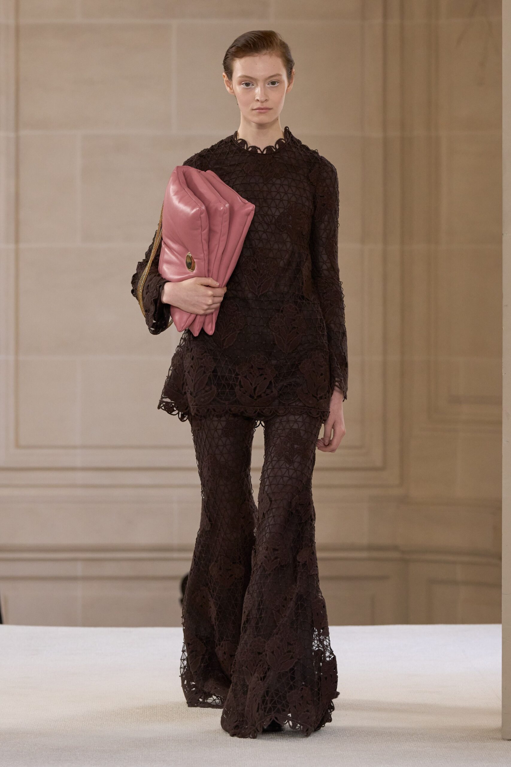 brown lace long-sleeve high-neck fitted flared embellished top