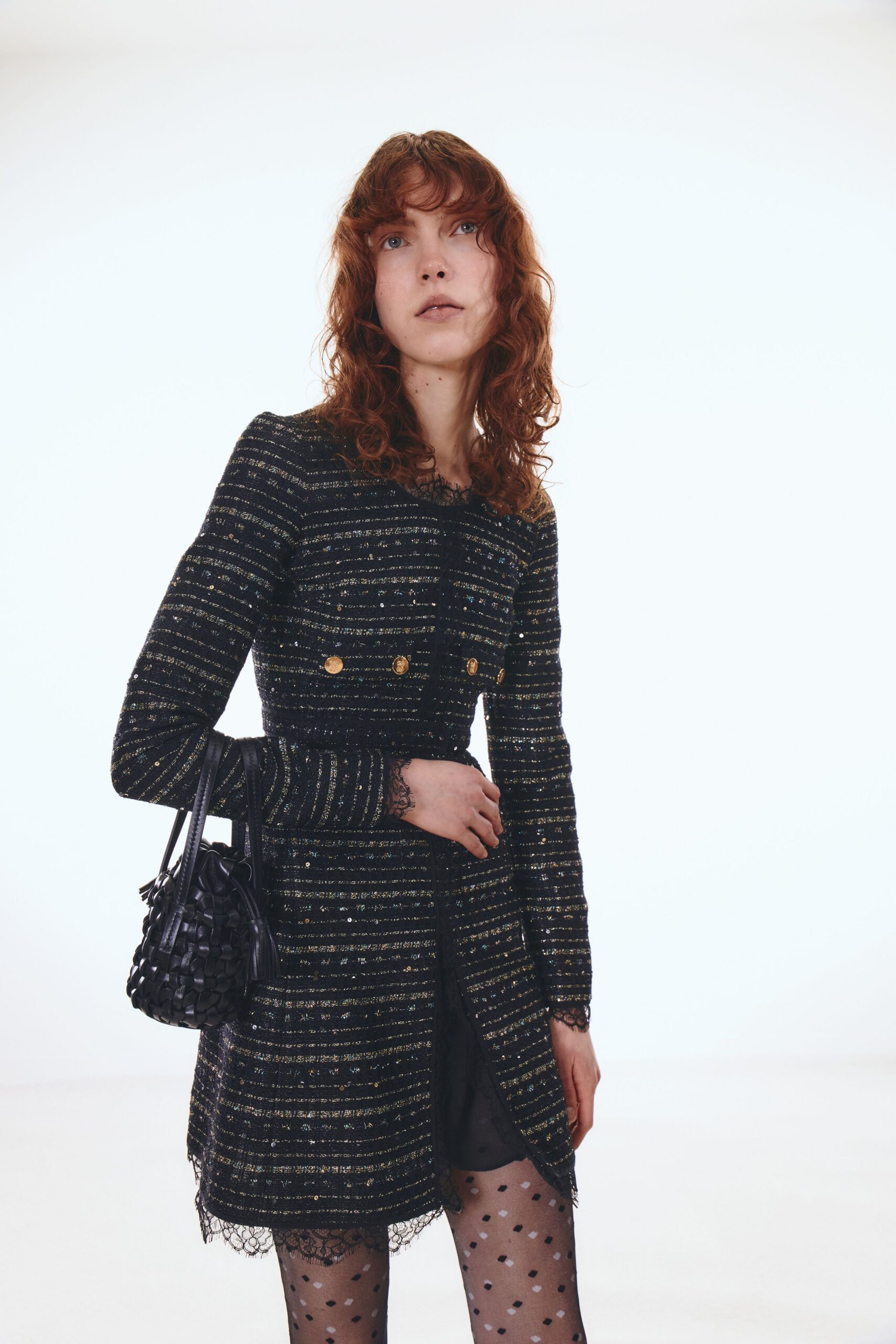 black tweed coat with gold buttons