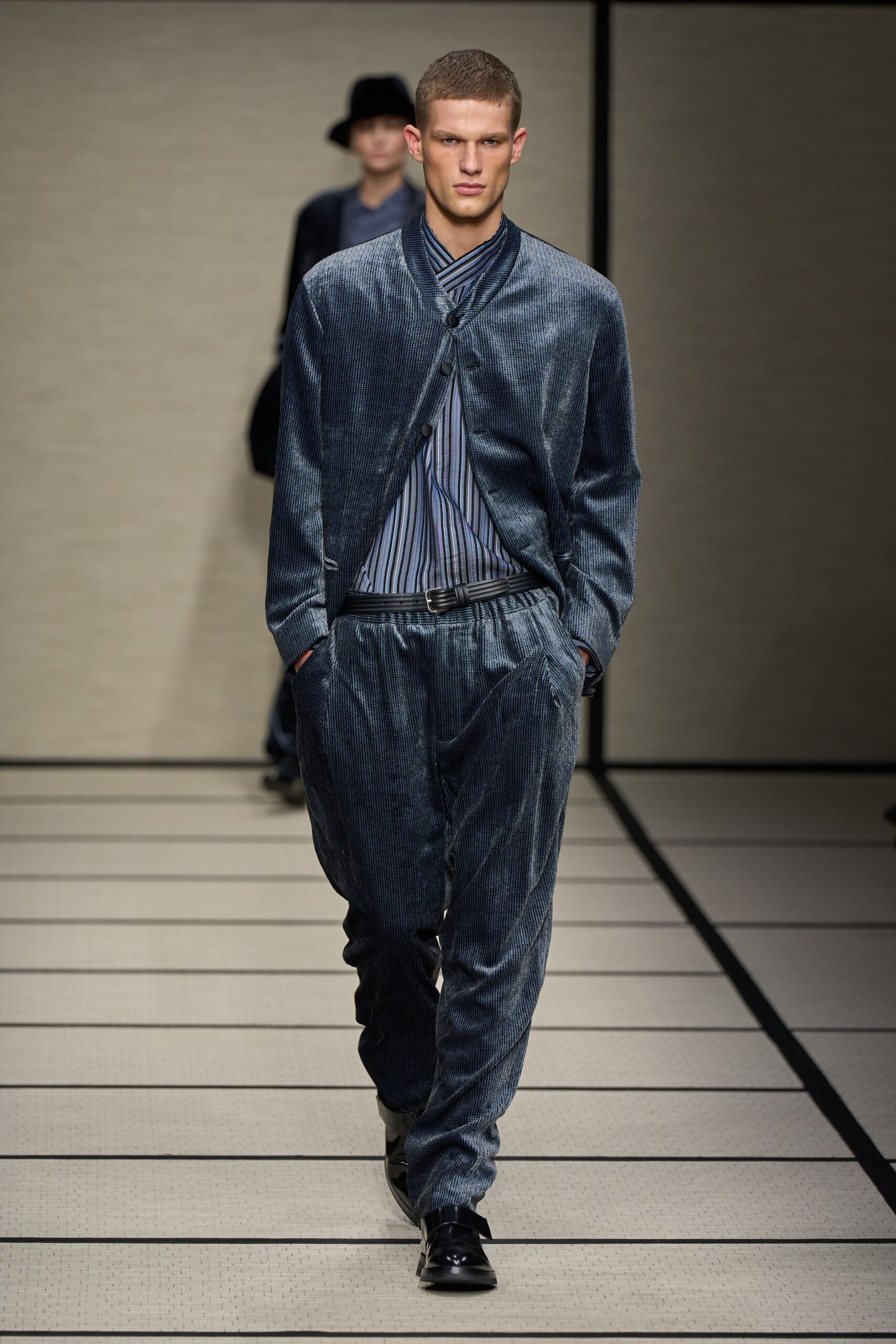 blue velvet jacket with striped shirt