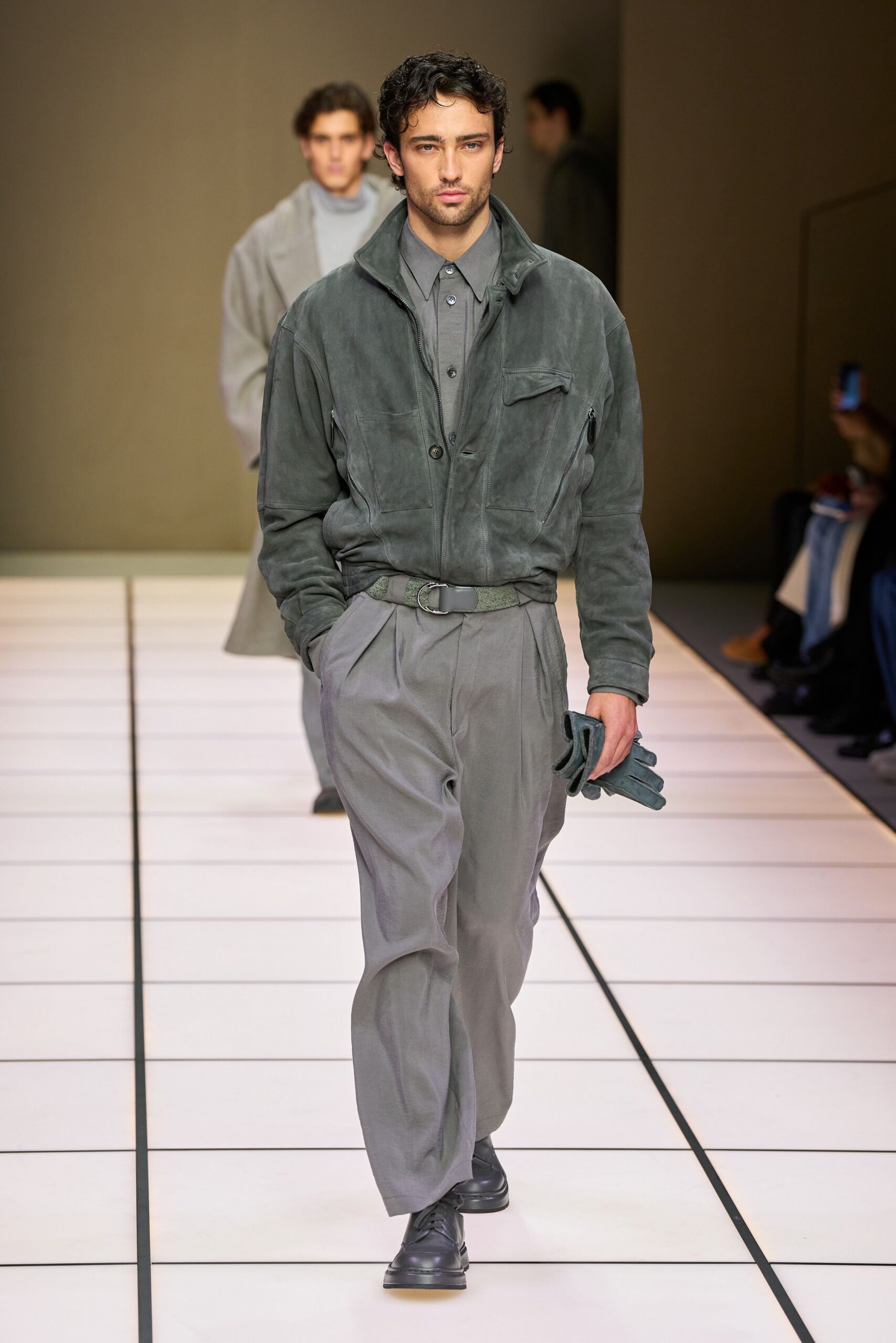gray relaxed jacket with pleated pants