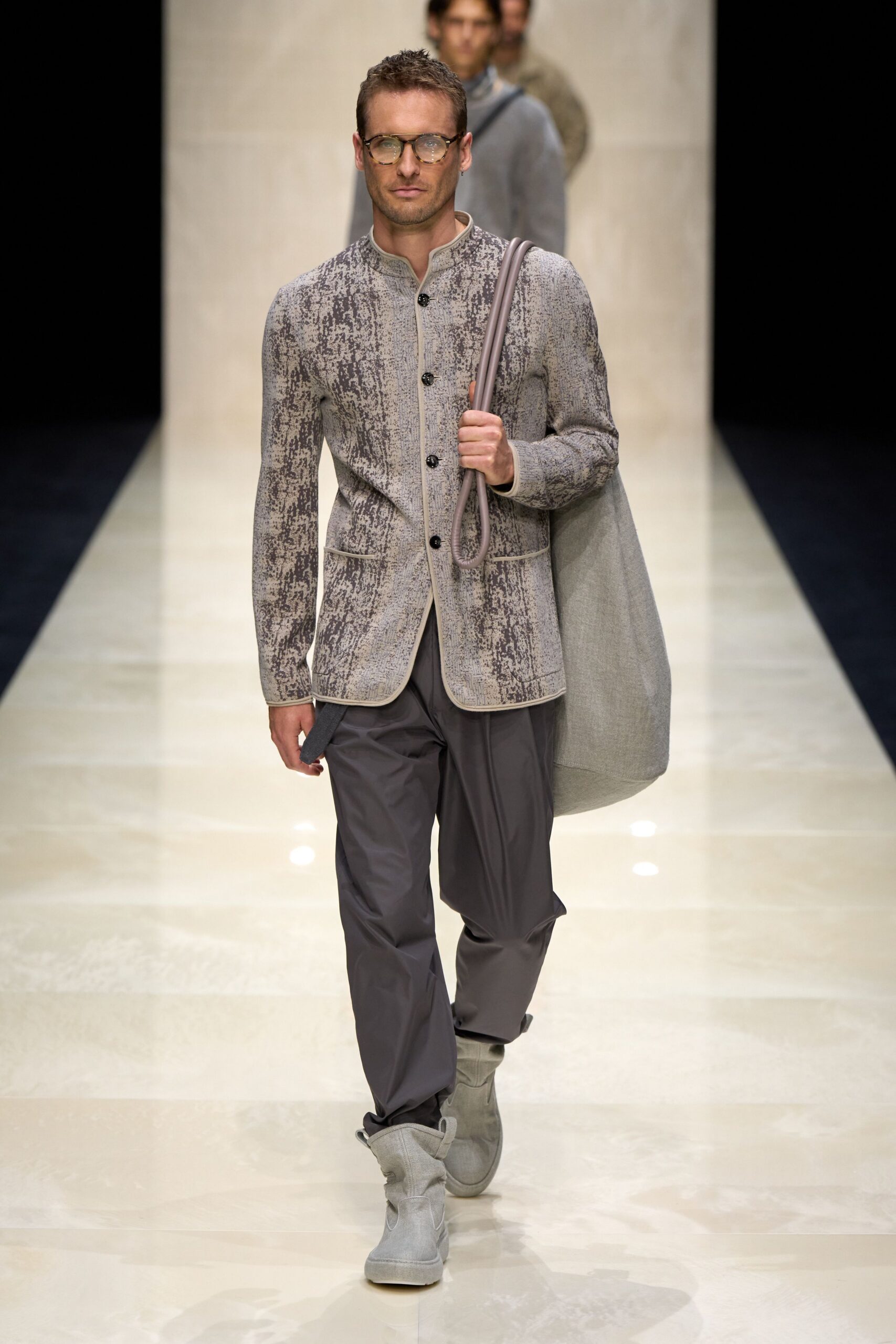 gray cotton long-sleeve collared structured printed jacket