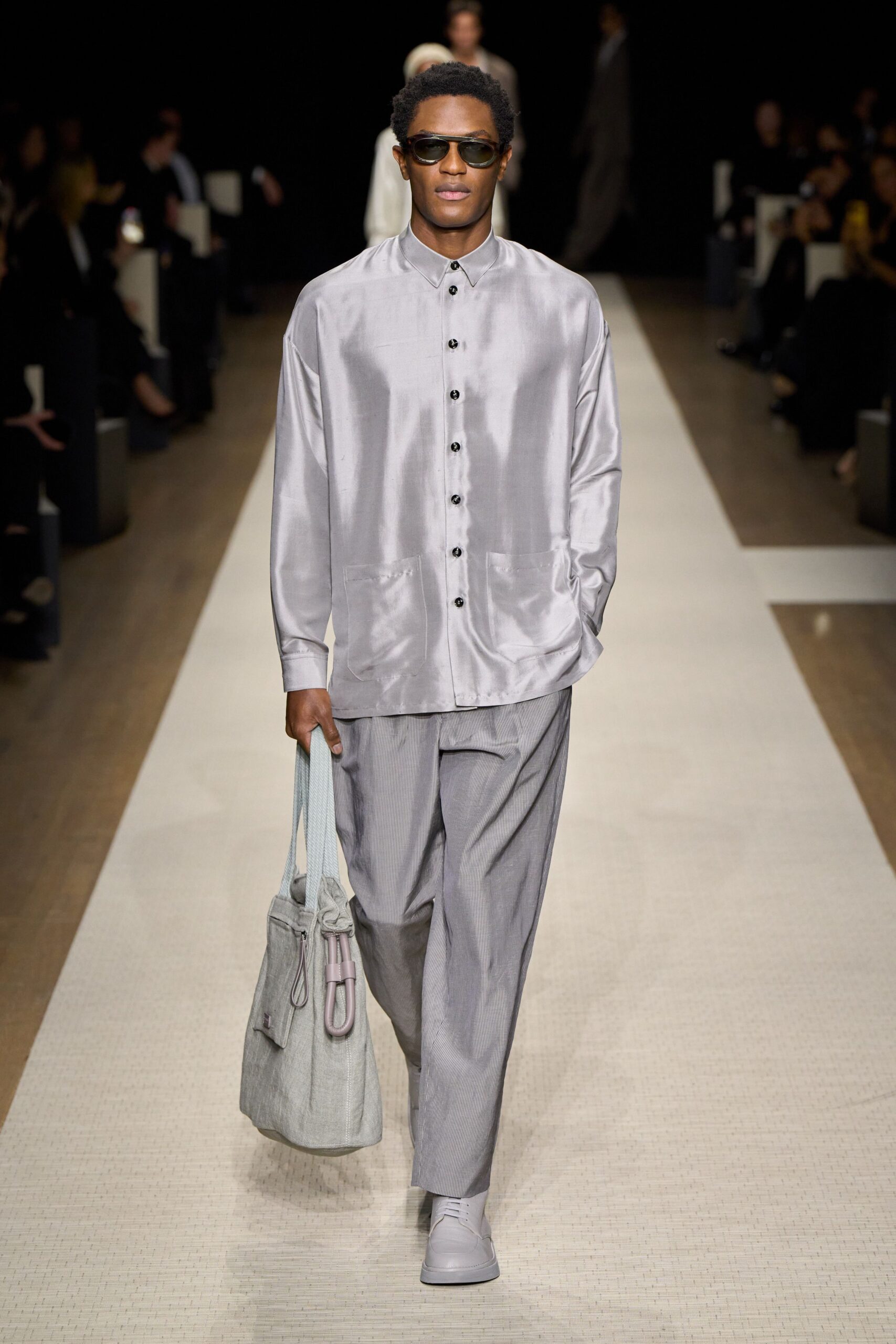 gray silk long-sleeve collared relaxed shirt
