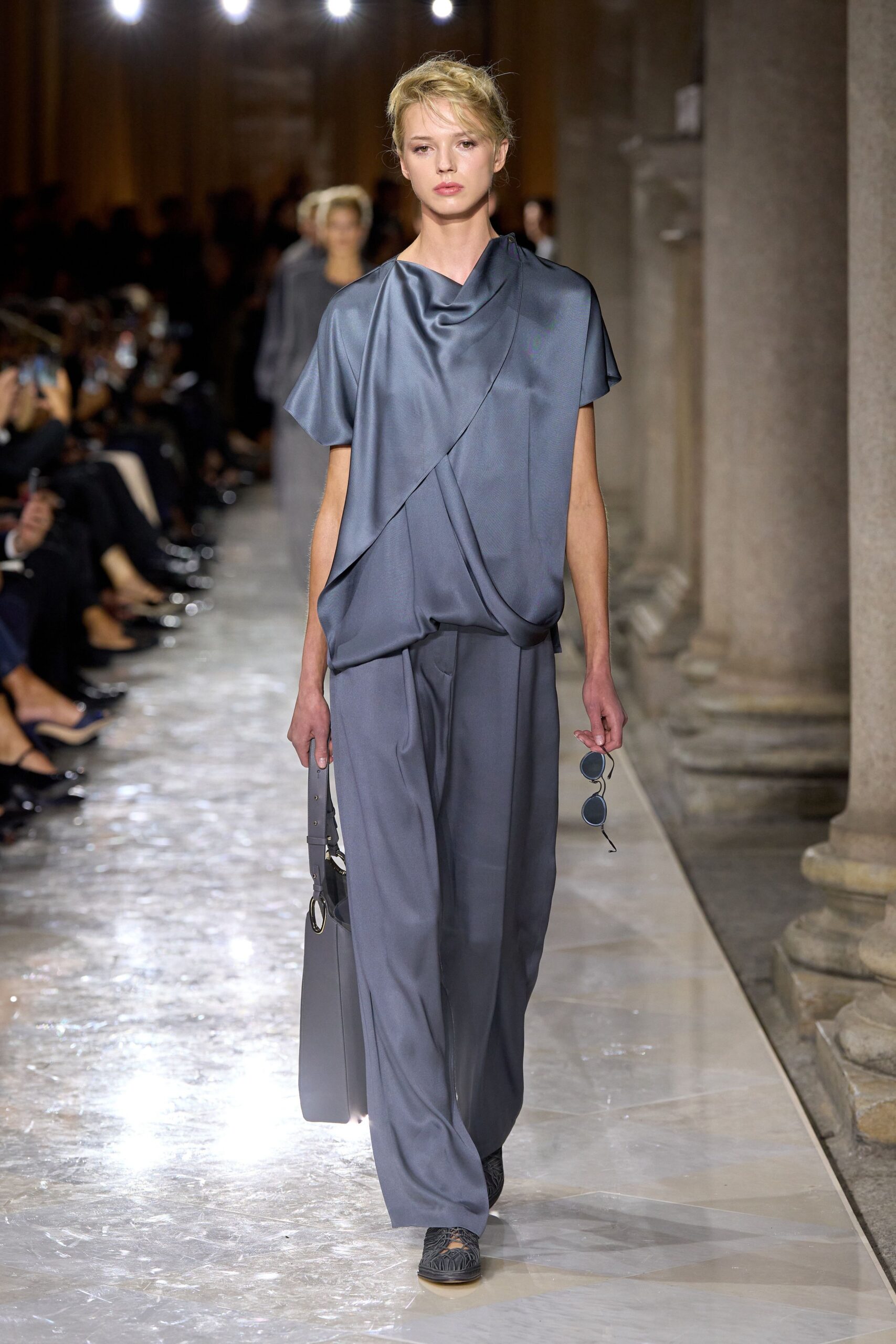 gray silk short-sleeve v-neck relaxed draped flowing top