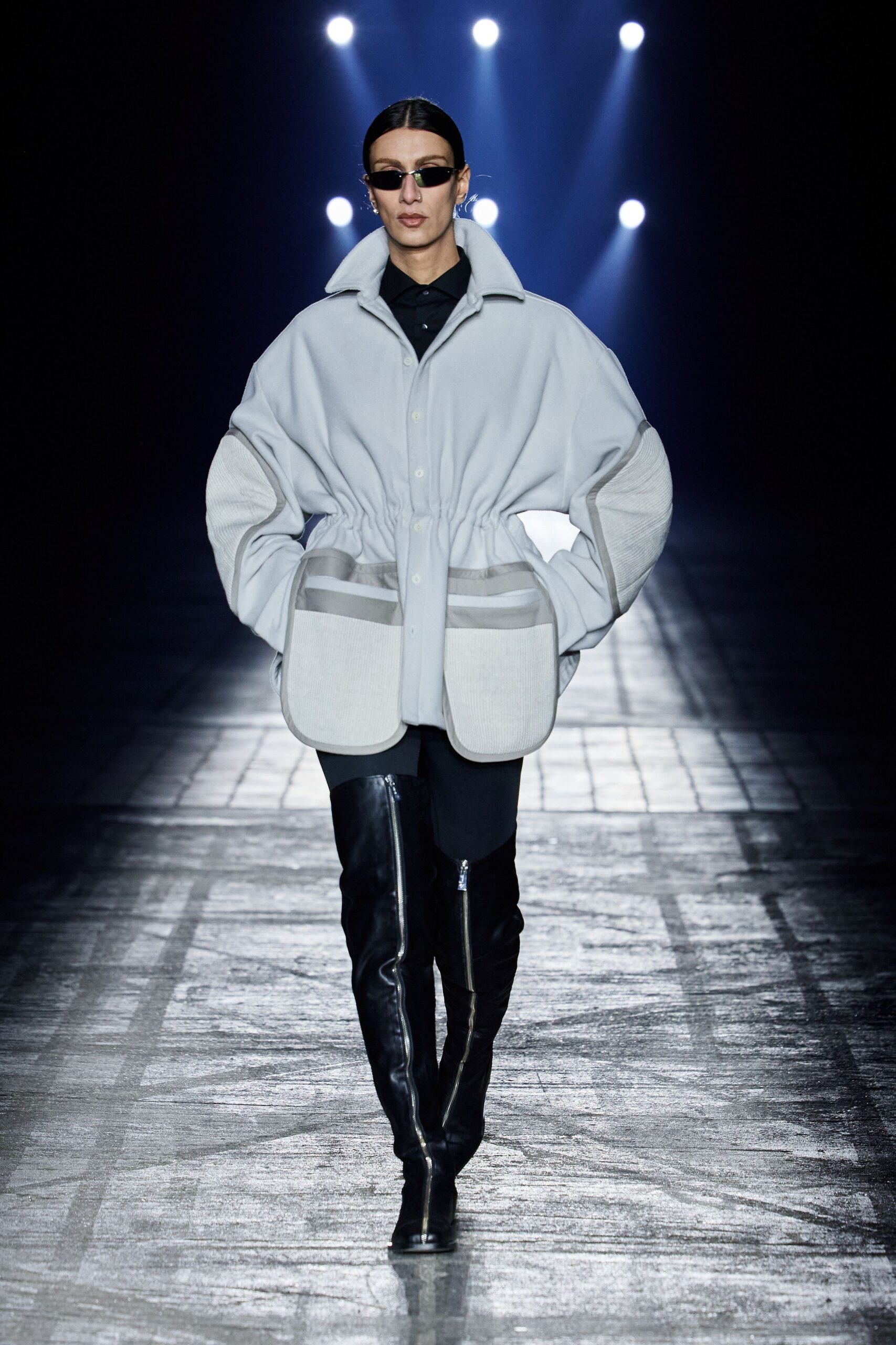 gray oversized jacket with black leather pants