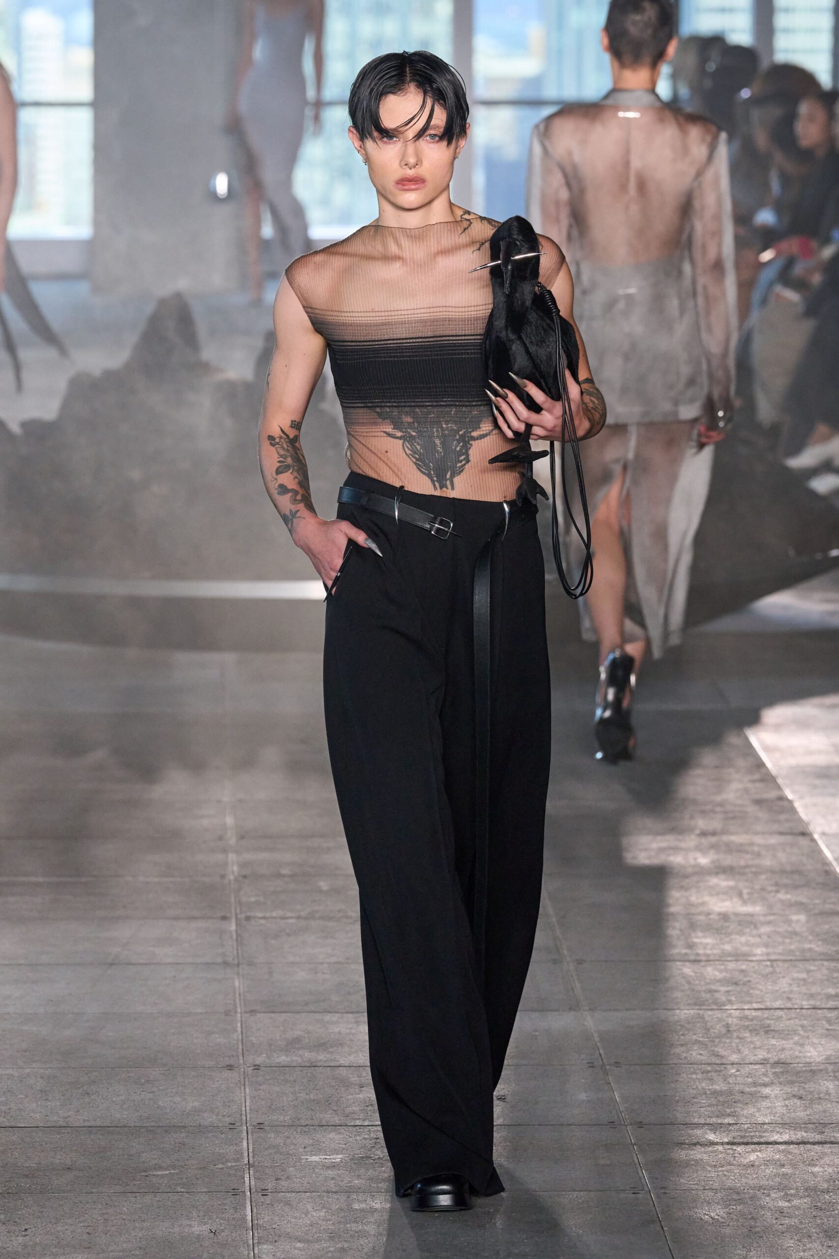 black mesh top with relaxed pants