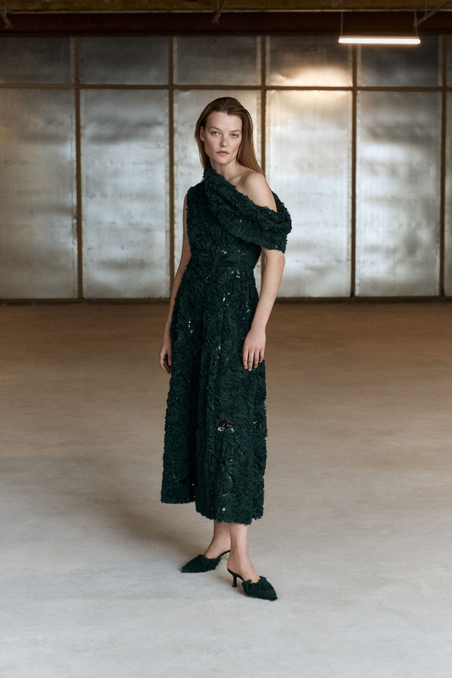 green lace sleeveless off-shoulder fitted embroidered tiered gown