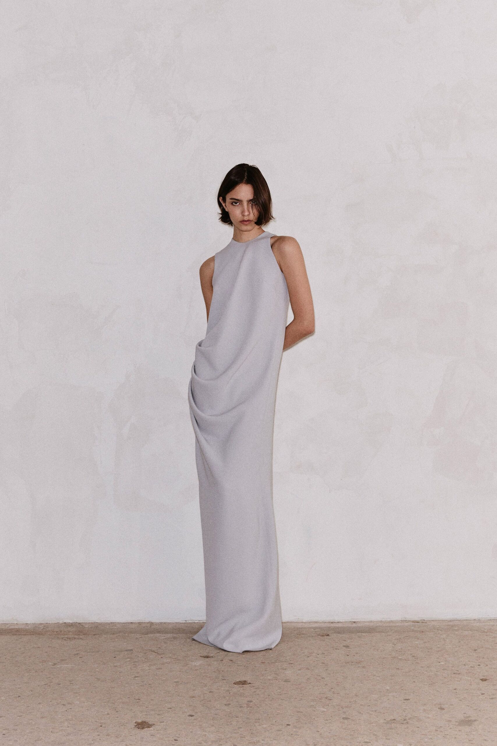 gray silk sleeveless gown