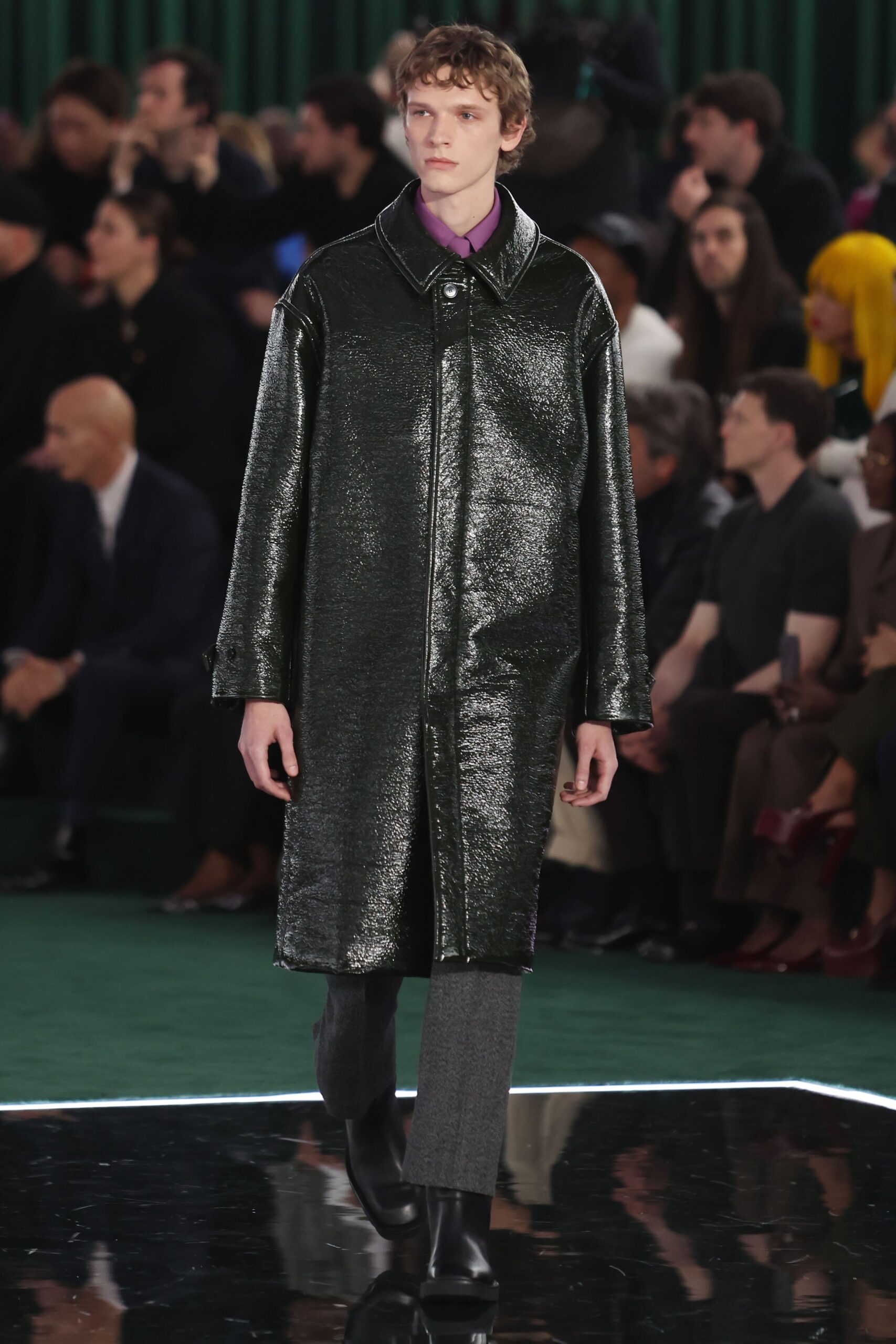 green vinyl long-sleeve collared fitted shiny coat