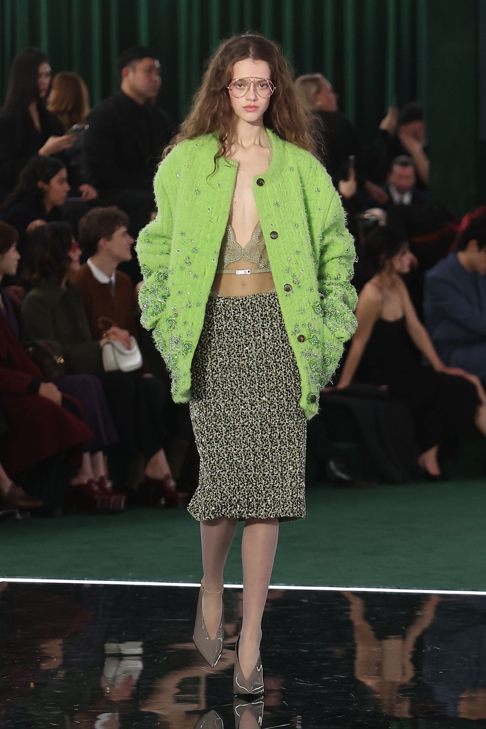 green wool long-sleeve collared oversized embroidered cardigan