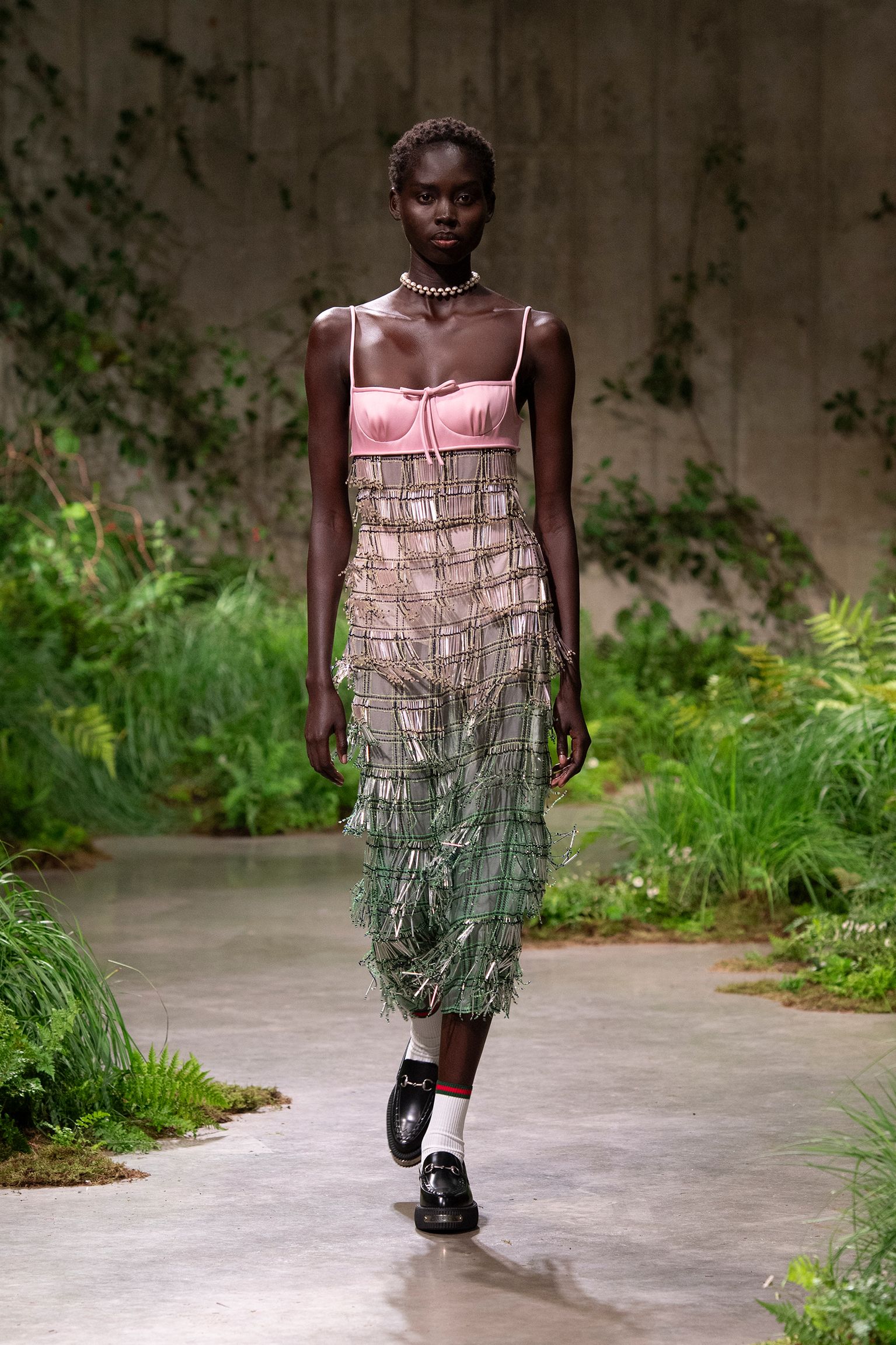 pink and green fringed midi dress