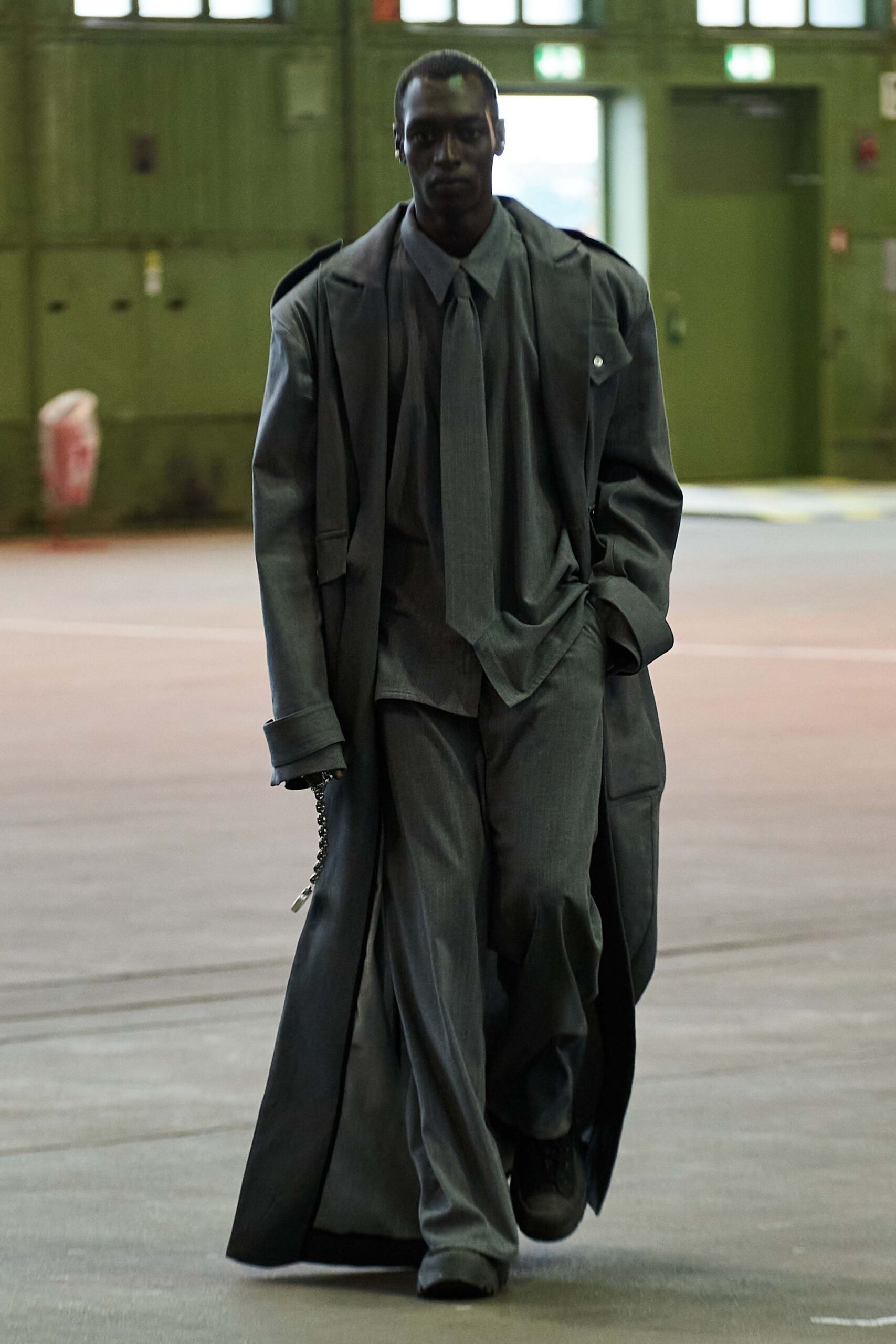 gray wool long-sleeve collared oversized buttoned maxi coat