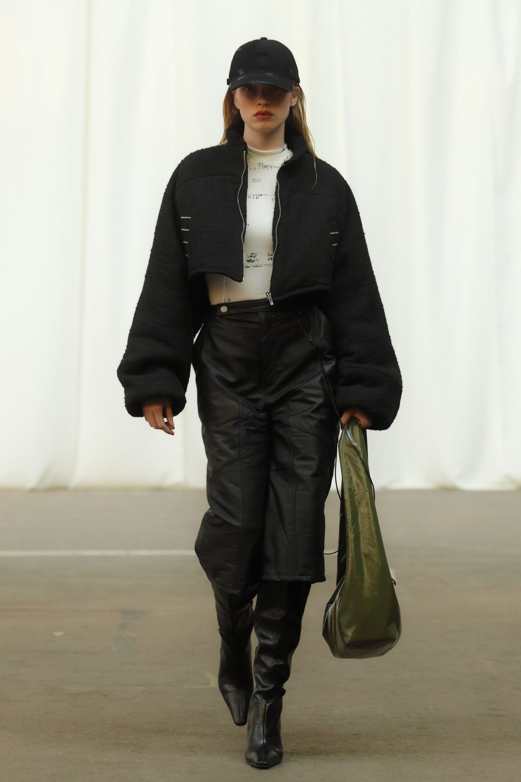 black oversized jacket with leather pants