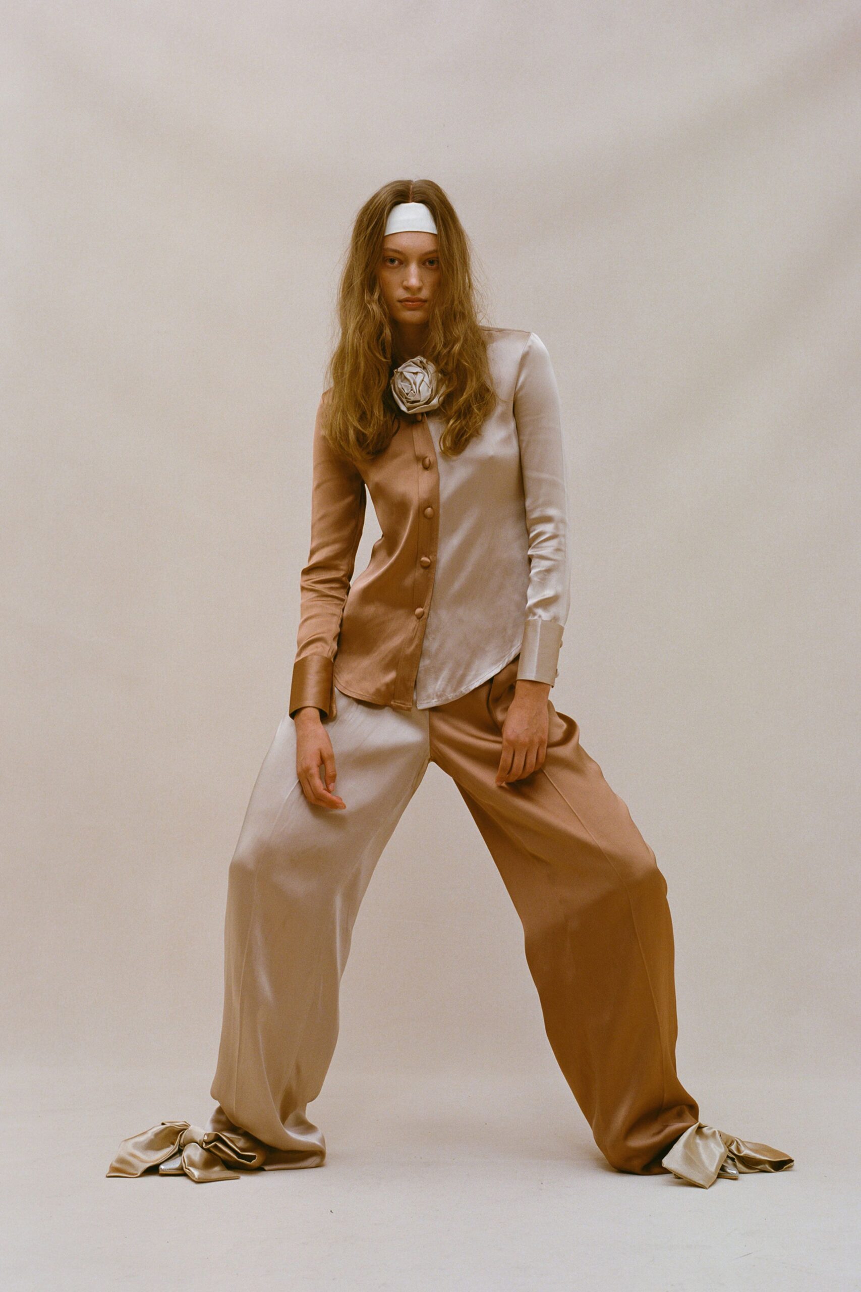 beige and brown silk shirt and pants