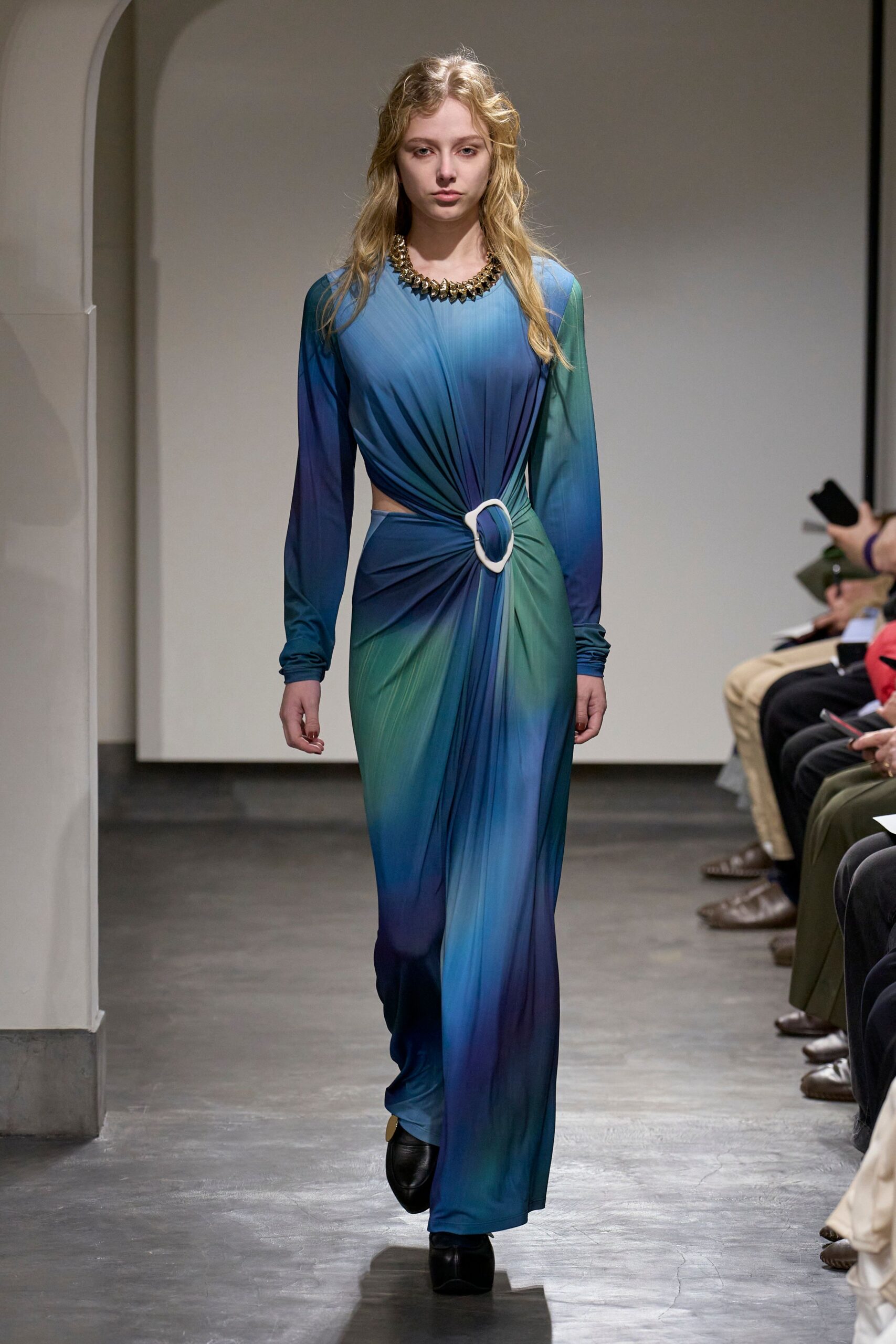 blue silk long-sleeve v-neck fitted draped tiered gown