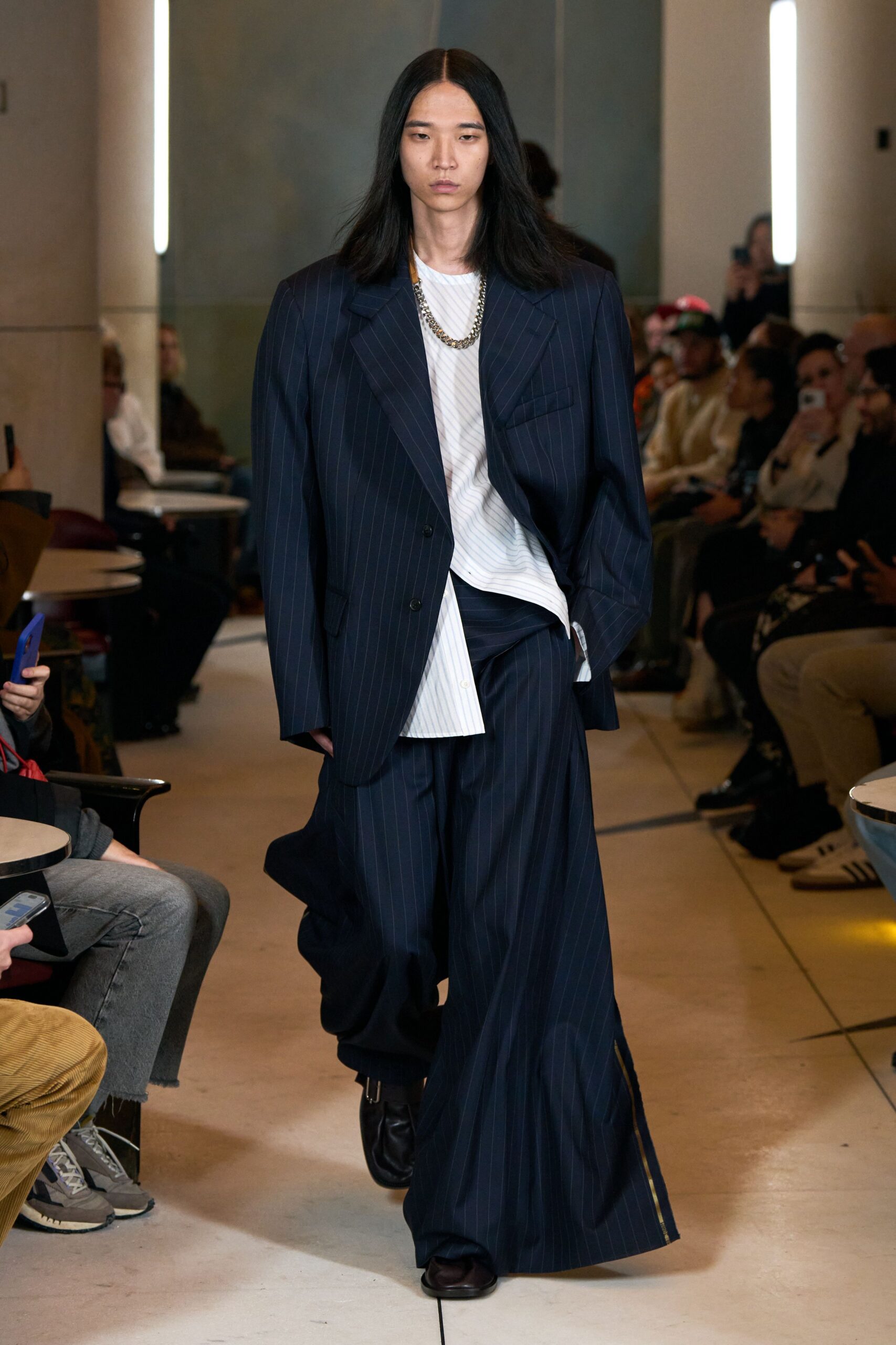 blue striped suit with white shirt