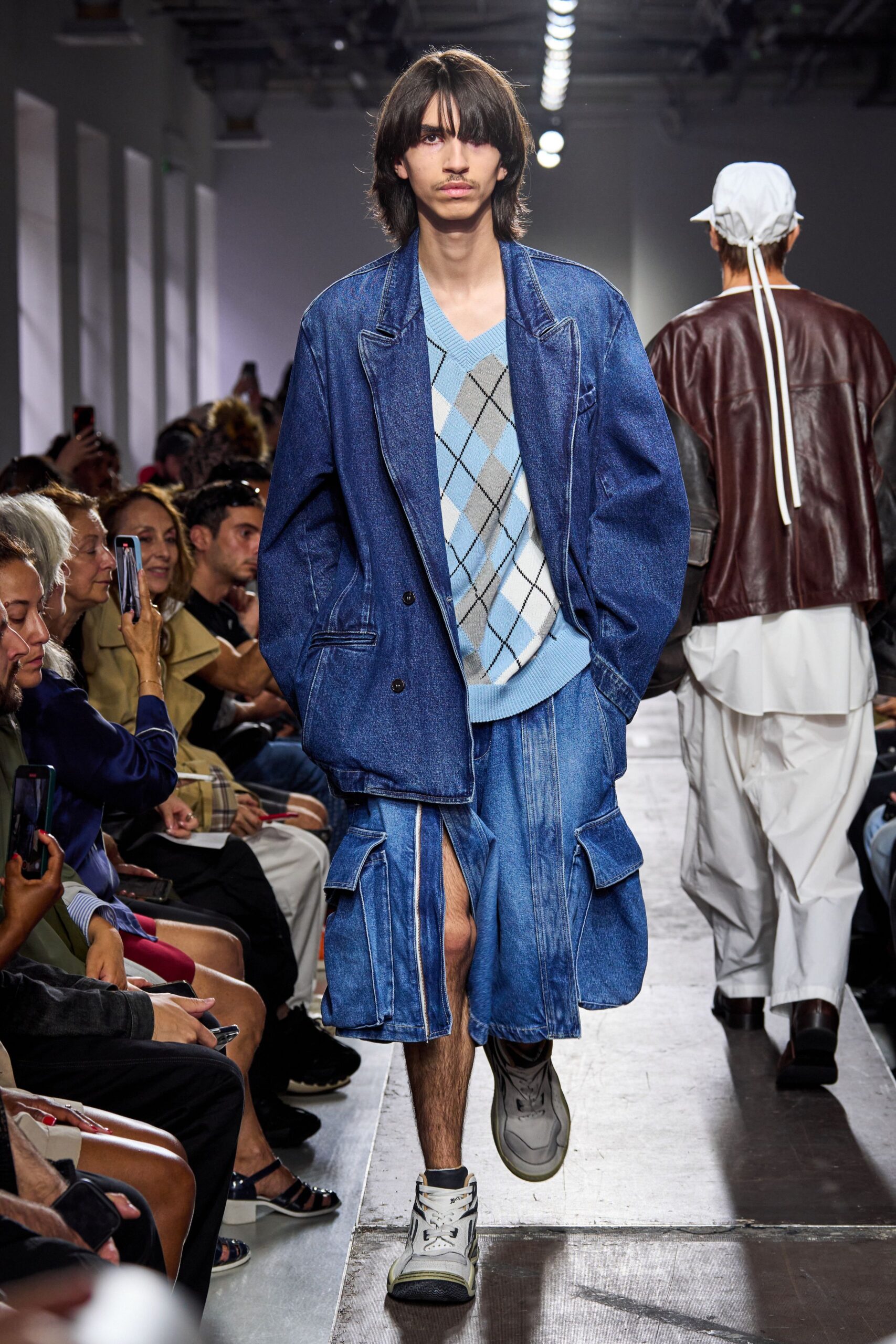blue denim asymmetric relaxed pleated skirt