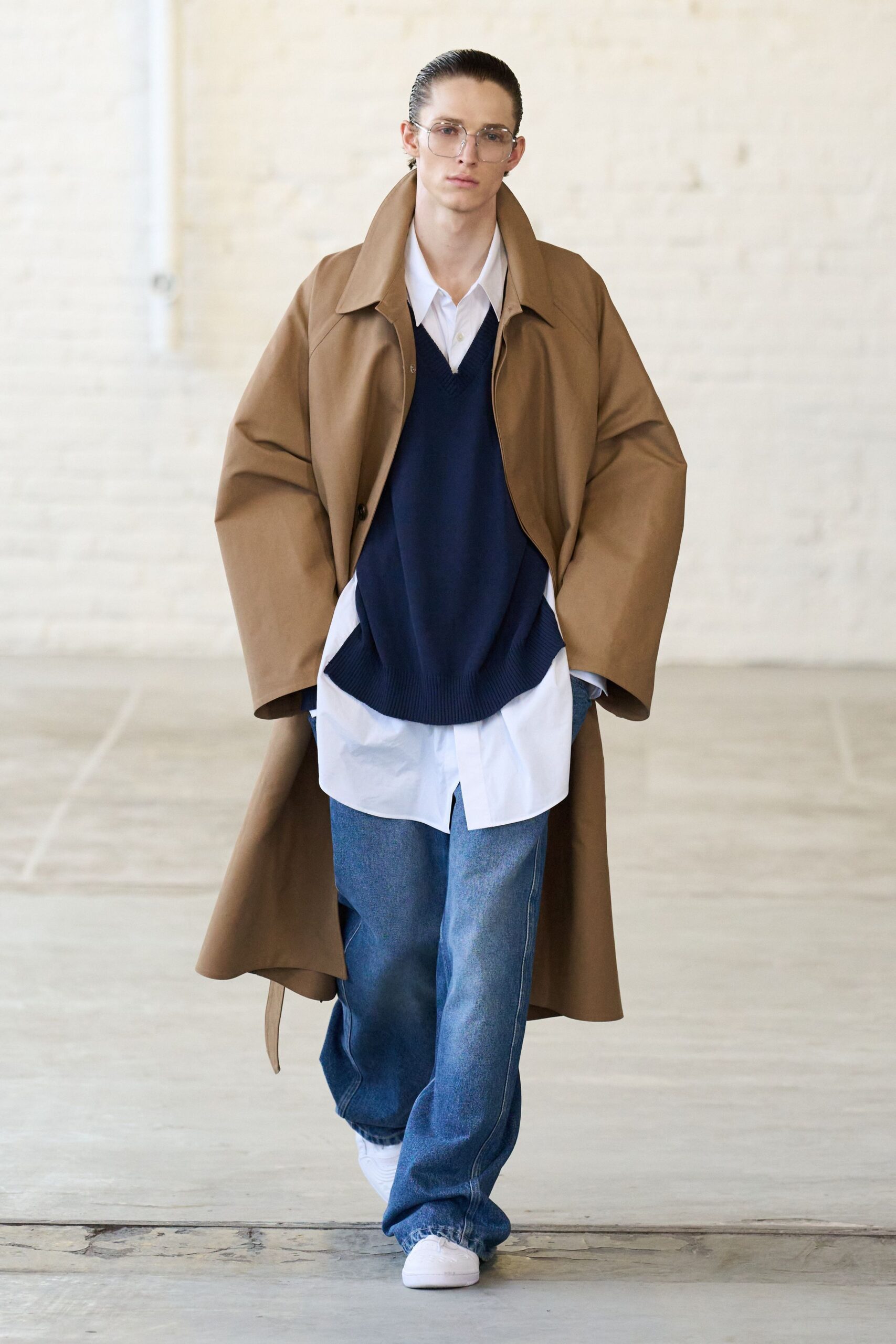brown oversized coat with navy sweater
