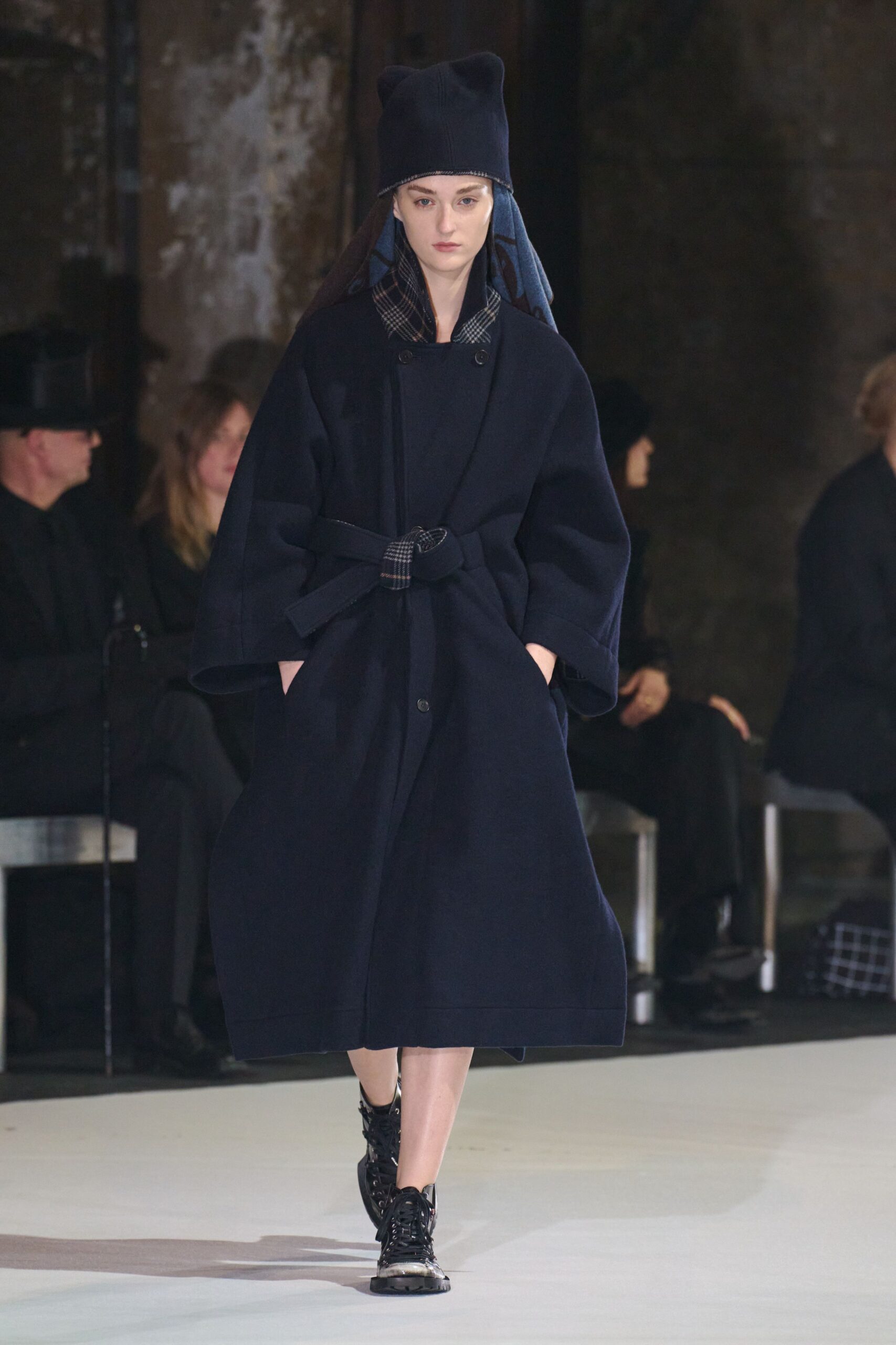 black wool long-sleeve collared oversized belted midi coat