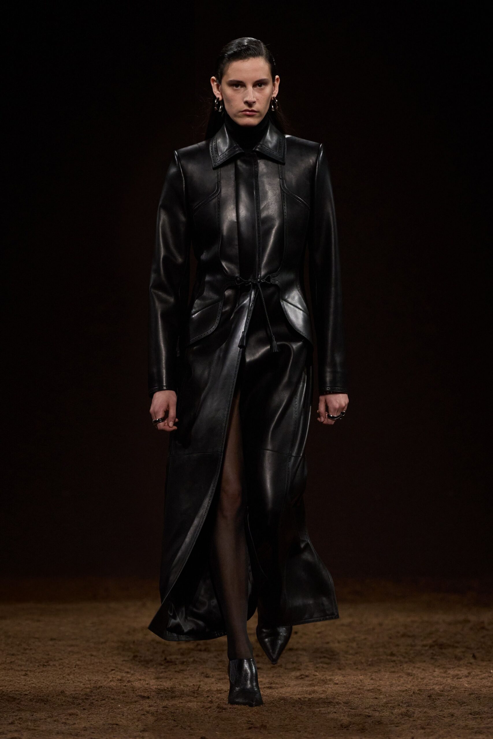black leather long-sleeve collared fitted belted maxi coat