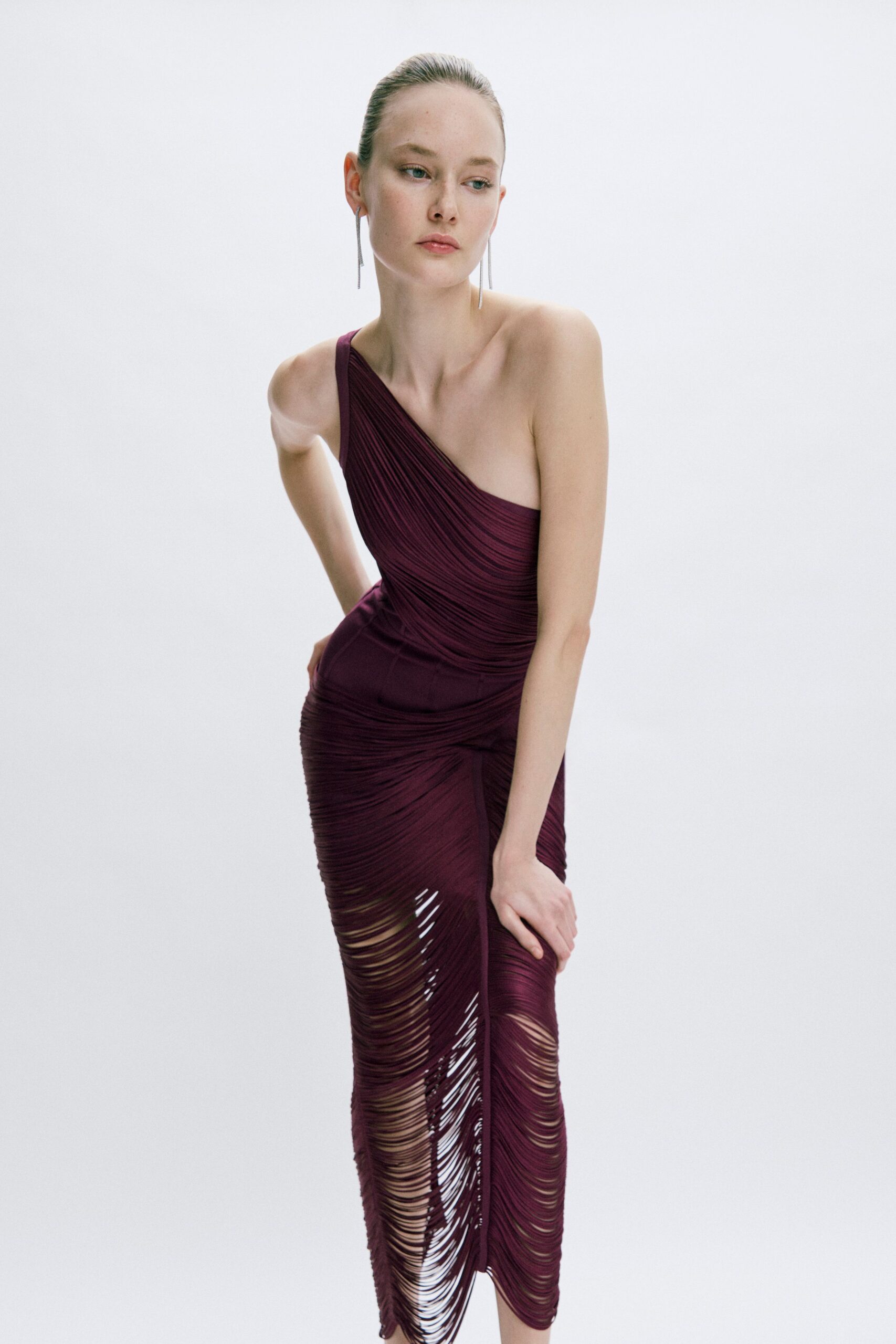 fitted maroon silk gown