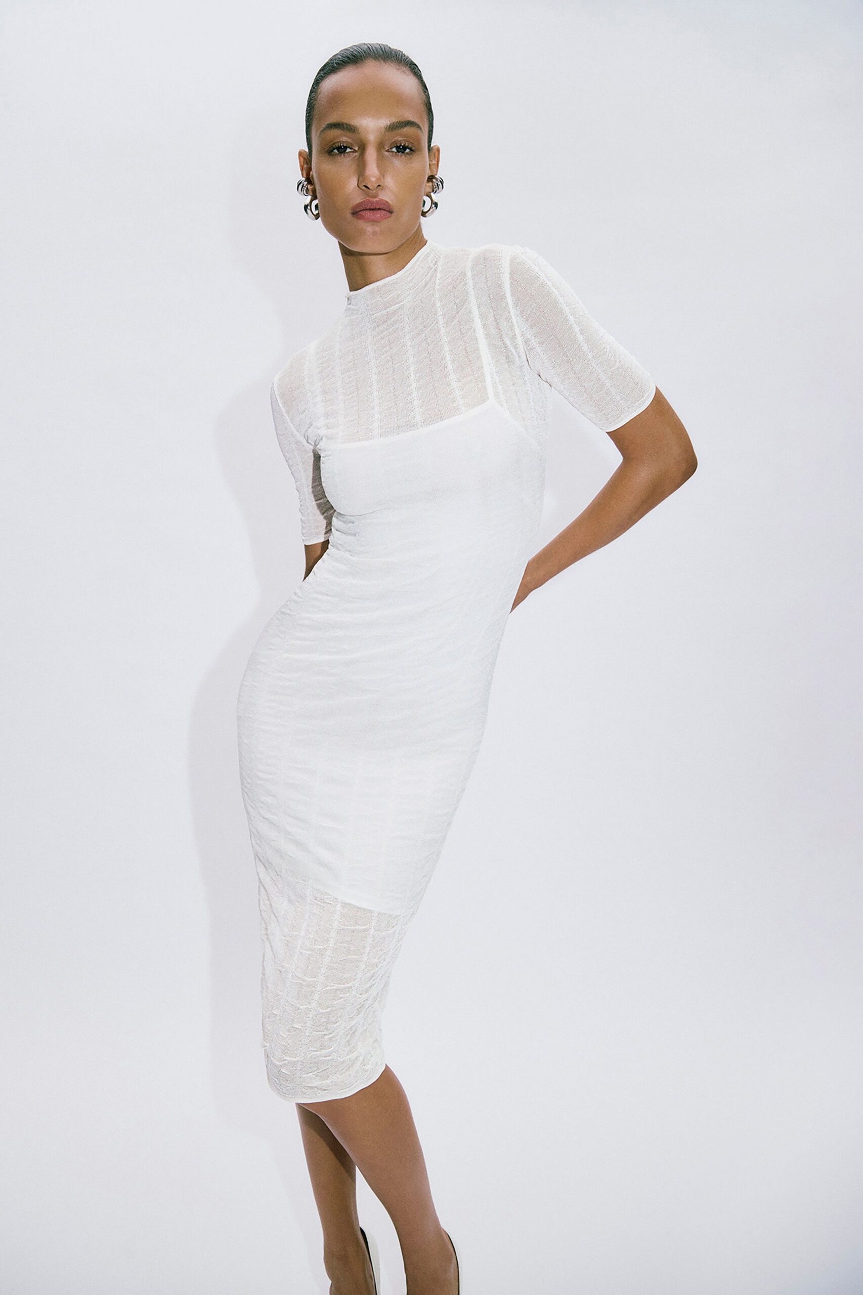 white mesh short-sleeve high-neck fitted textured sheer dress