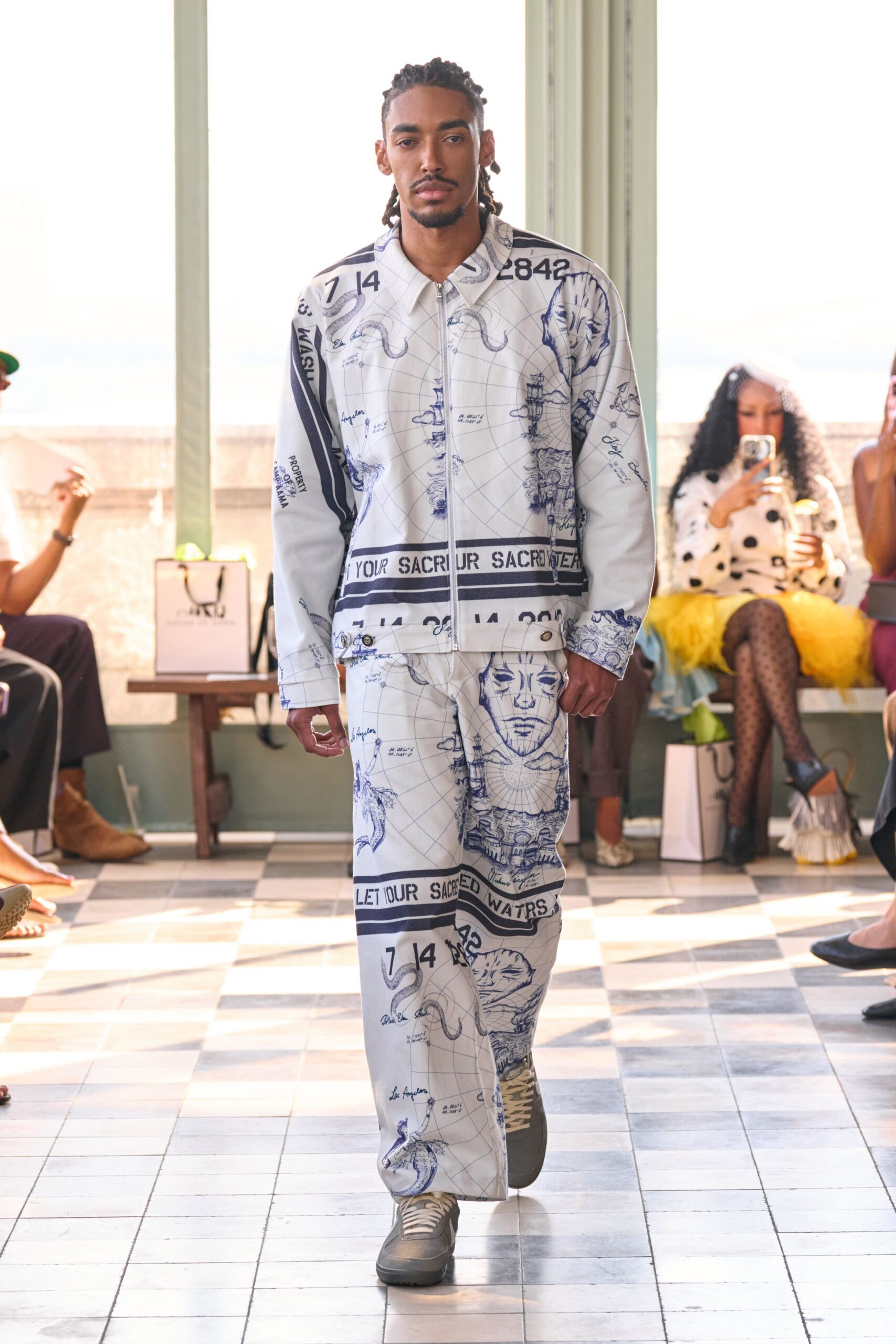 printed white and blue shirt and pants