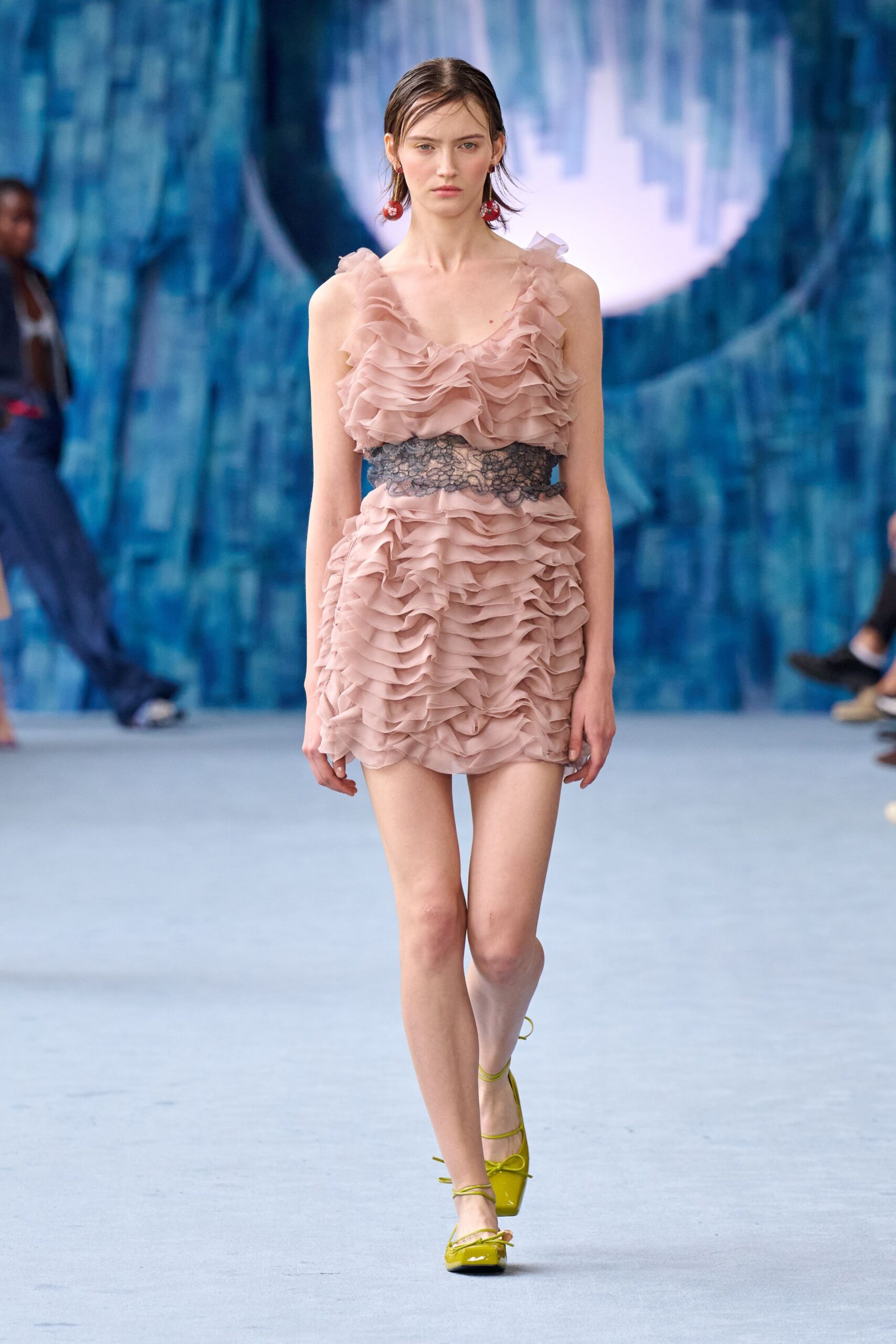 pink silk sleeveless v-neck fitted ruffled mini dress