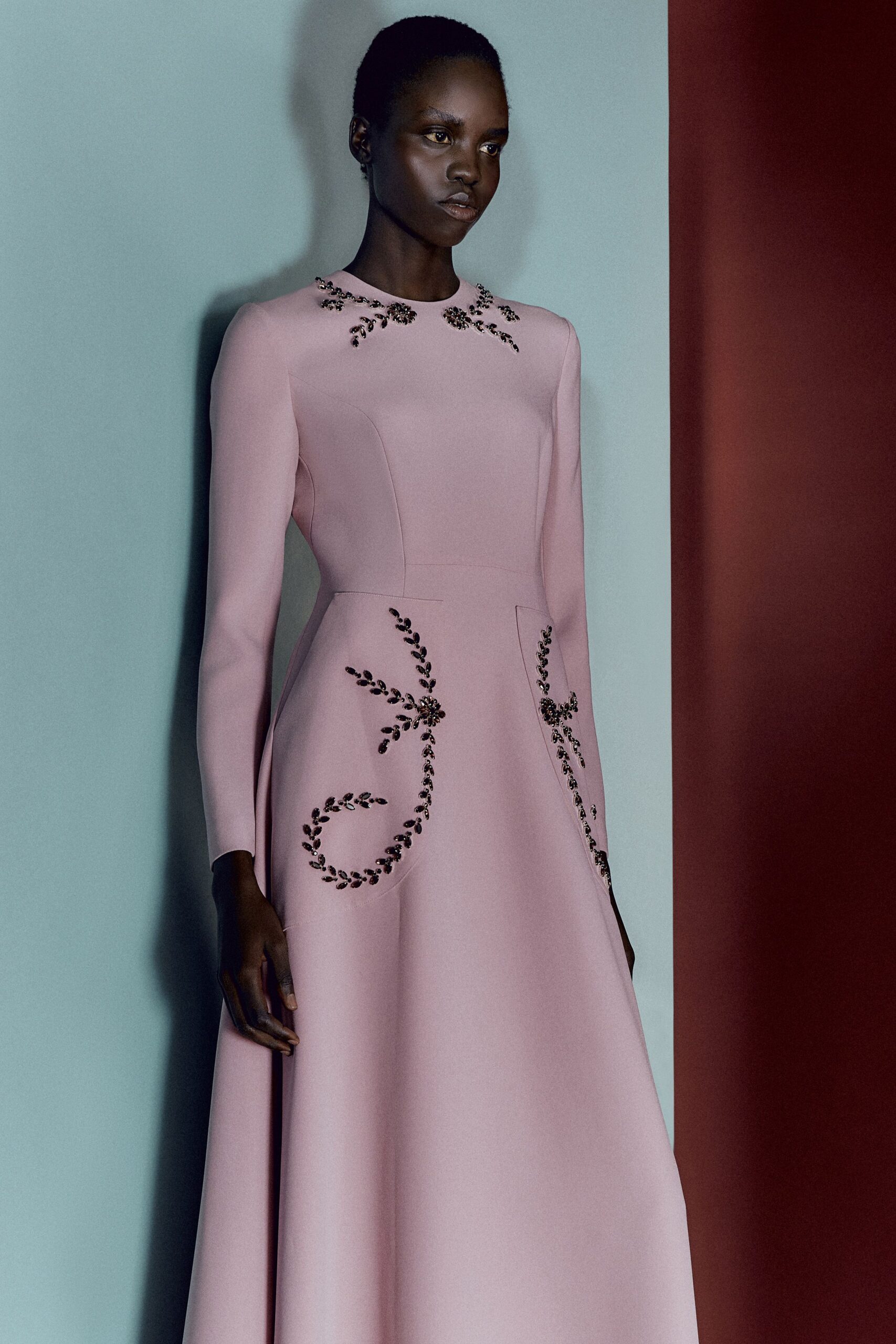 pink silk embroidered gown