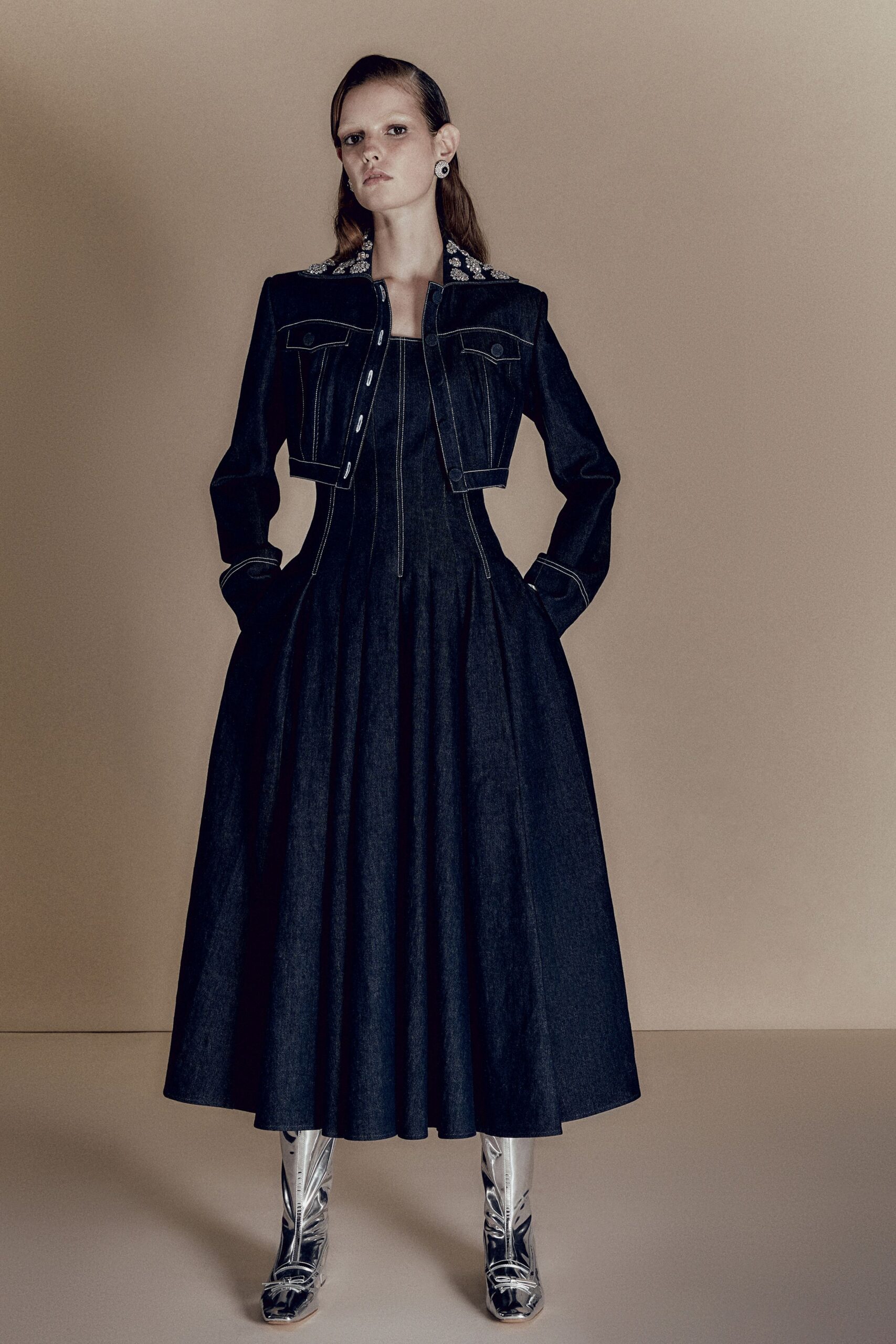 blue denim sleeveless v-neck fitted pleated maxi dress
