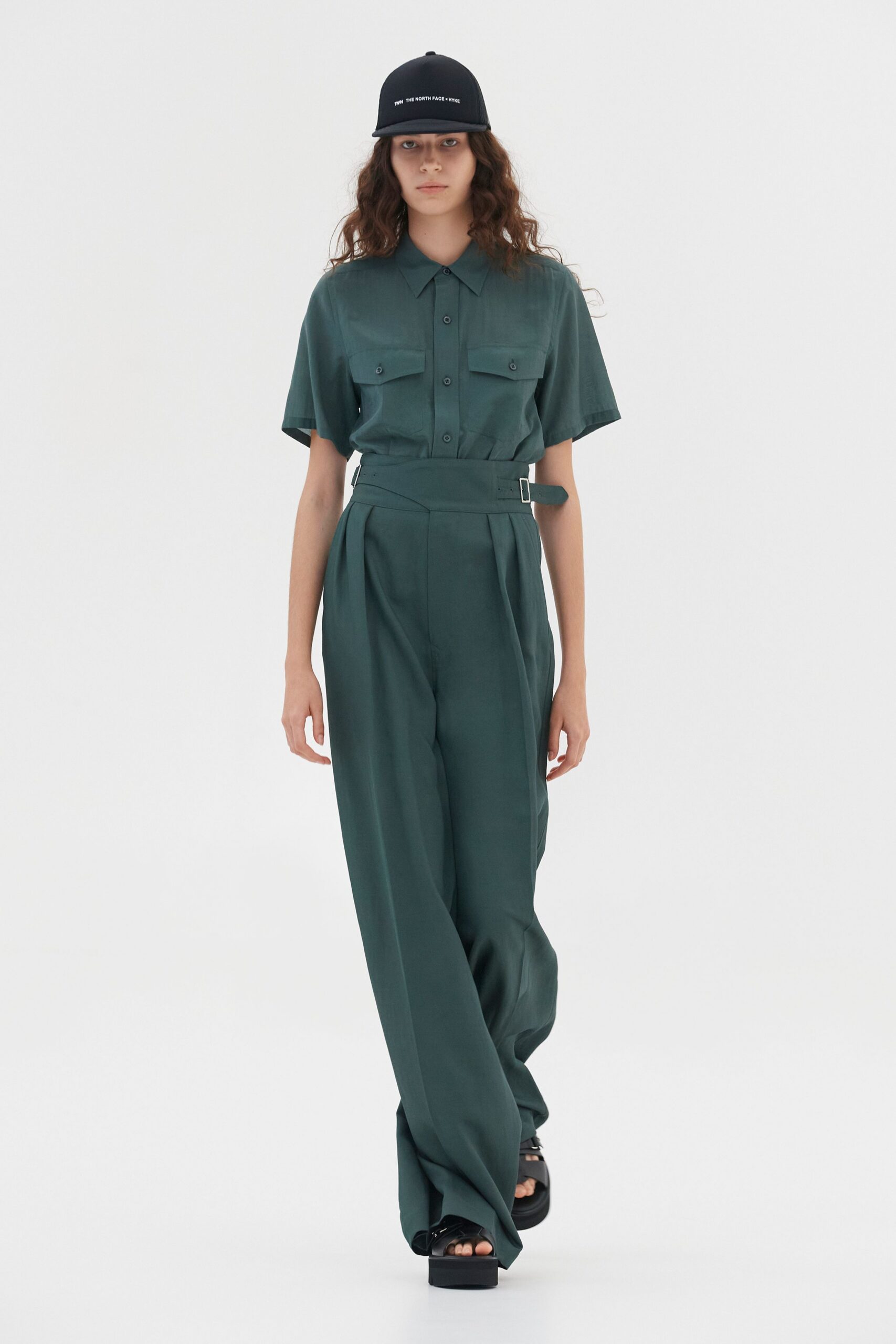 green cotton short-sleeve collared relaxed pleated belted jumpsuit