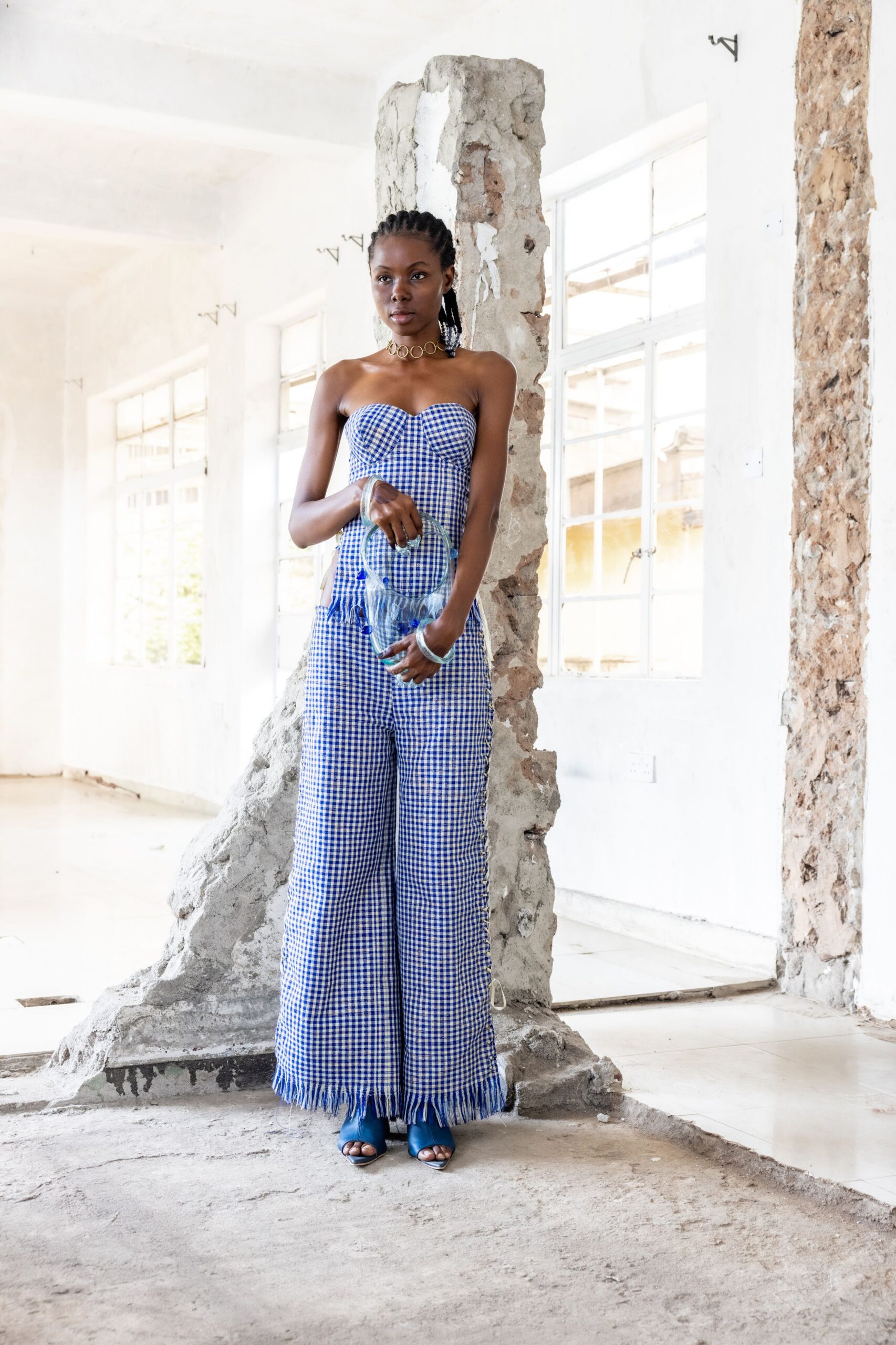 blue cotton strapless fitted checked fringed jumpsuit