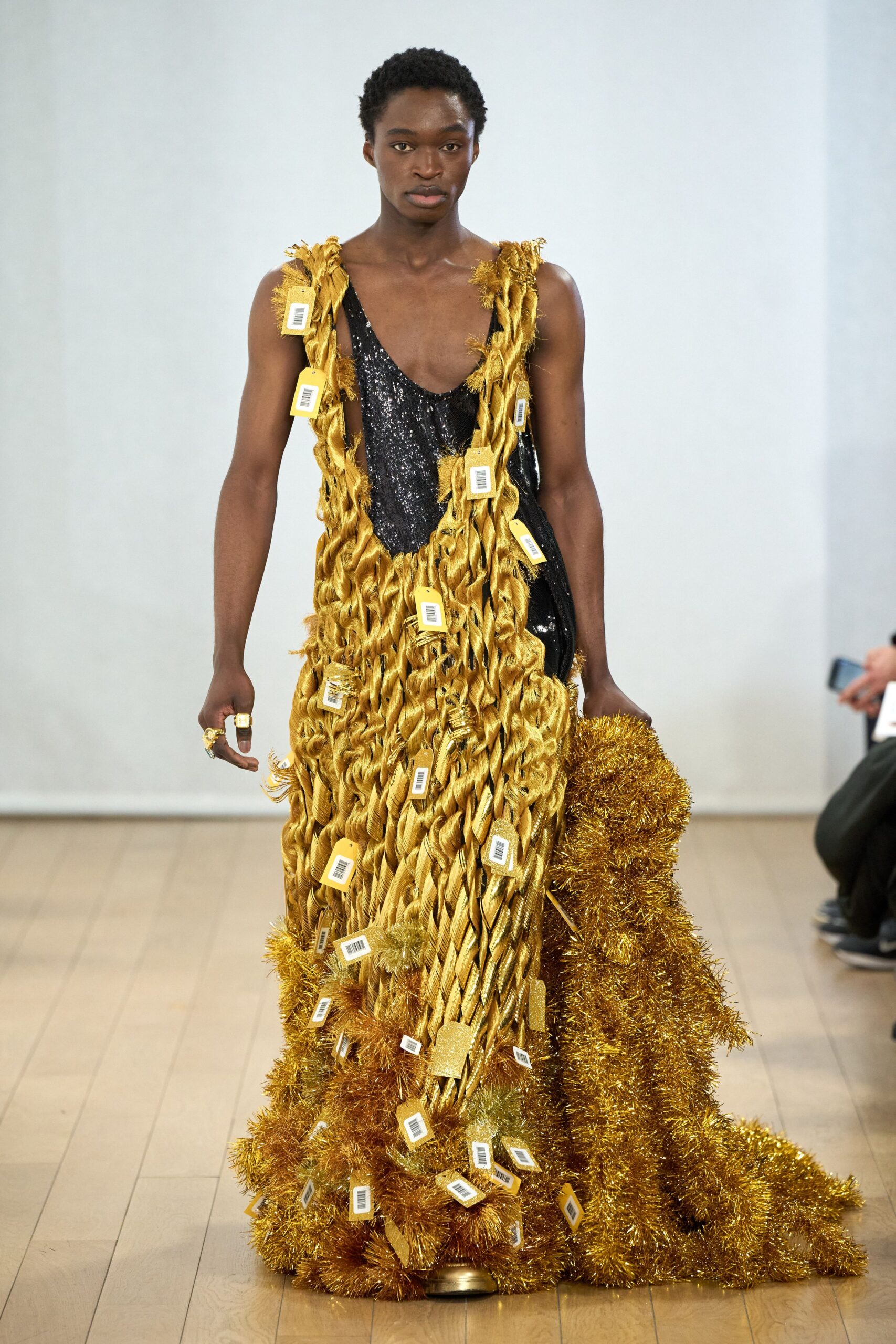gold fringed sleeveless gown