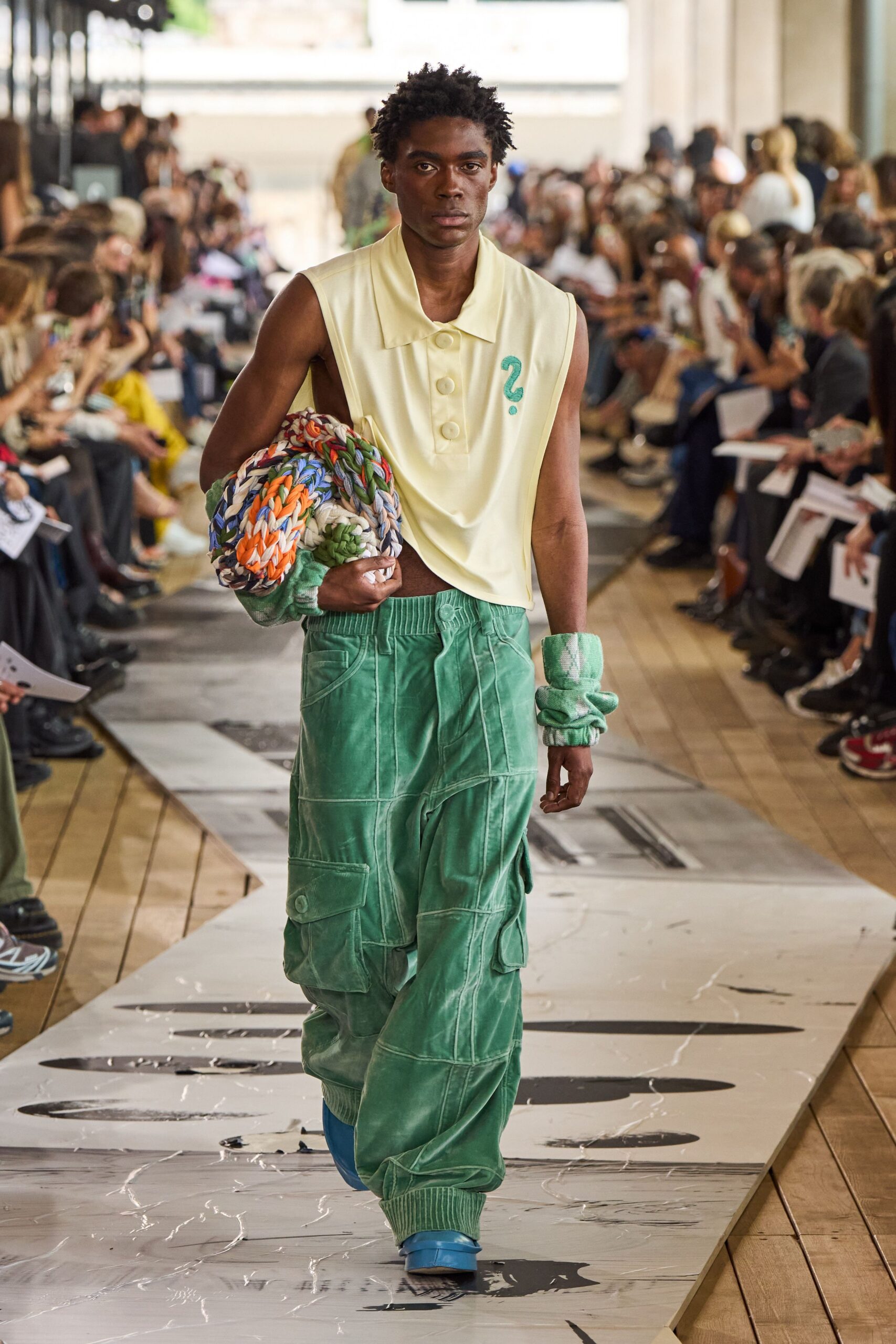 yellow relaxed top with green cargo pants