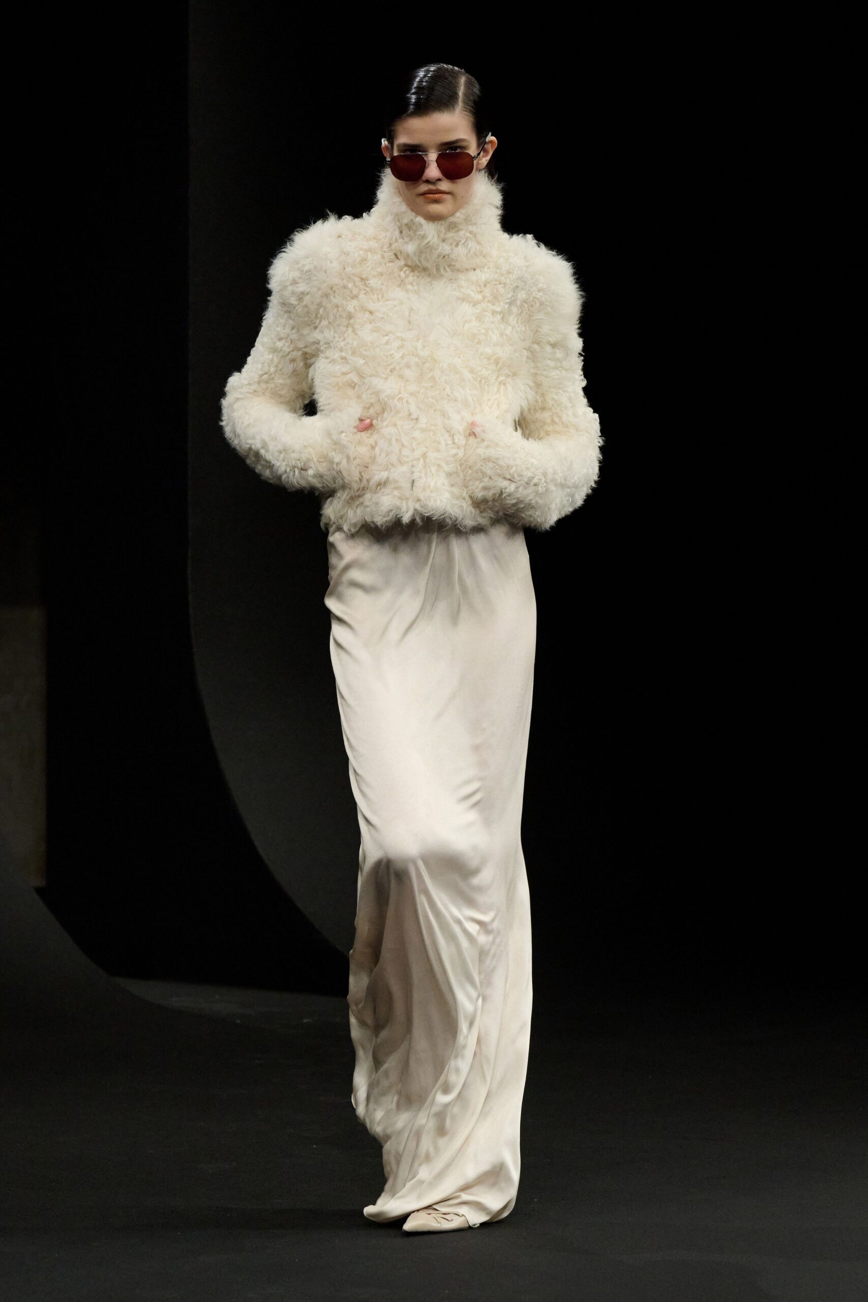 white fur long-sleeve high-neck fitted textured top
