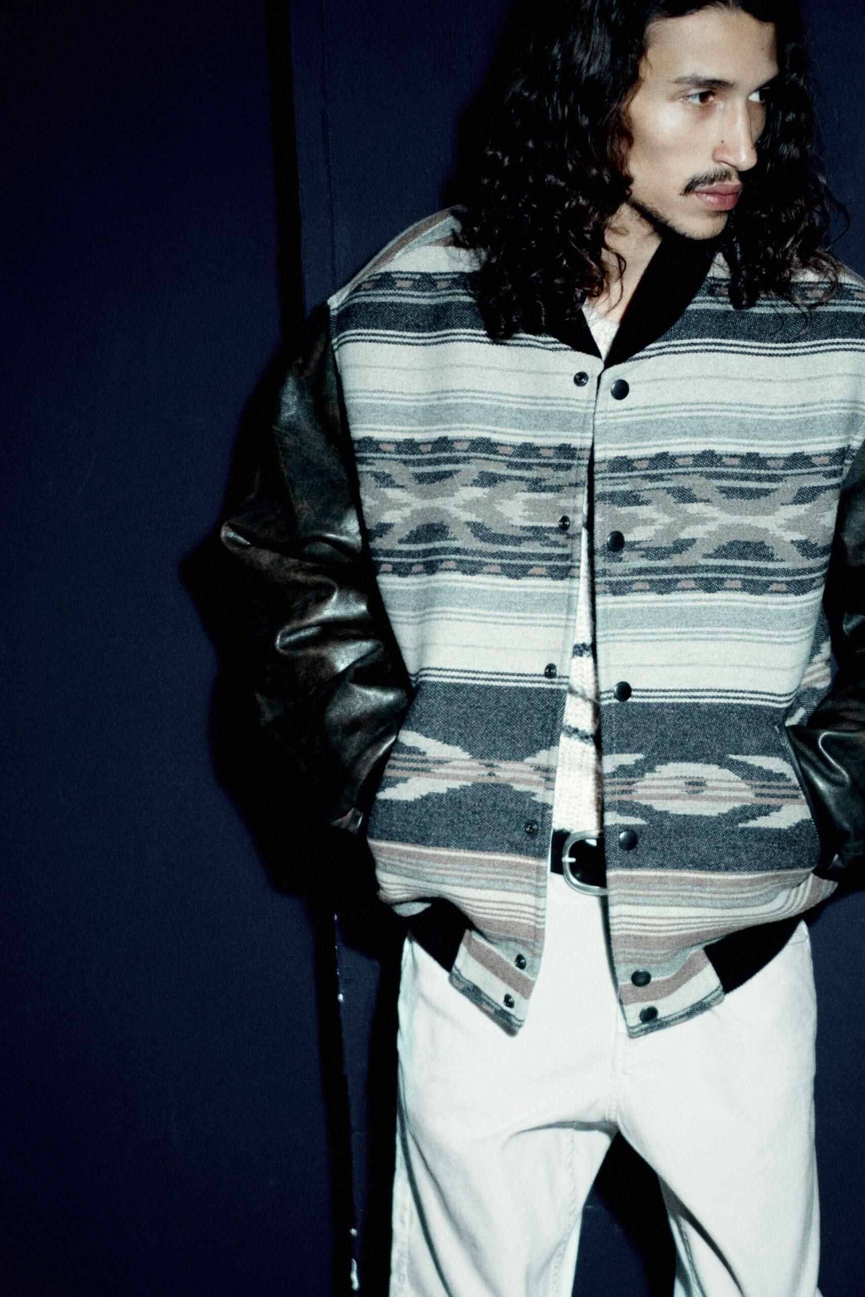 black cotton long-sleeve collared relaxed printed jacket