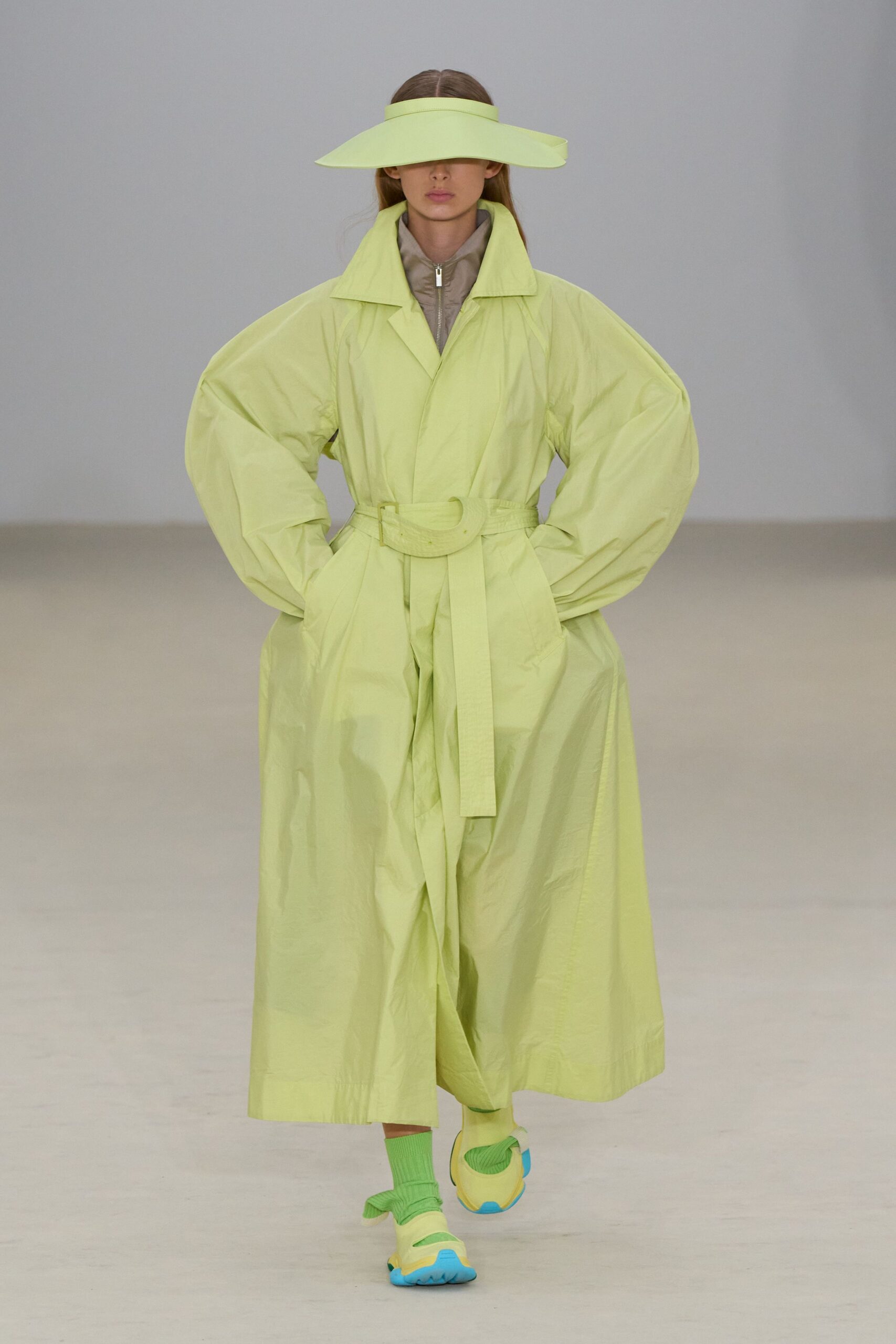 yellow cotton long-sleeve collared relaxed belted layered coat