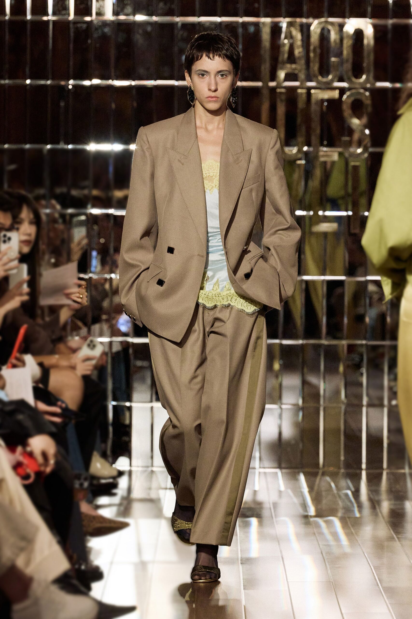 beige oversized blazer with blue top