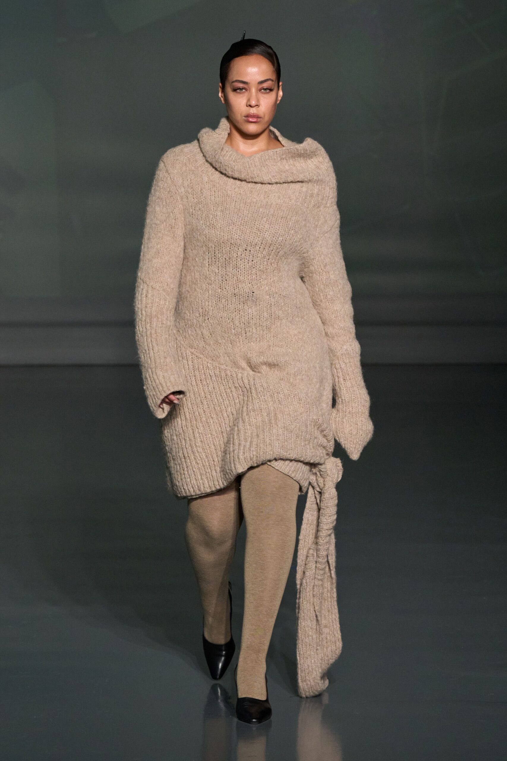 beige wool long-sleeve high-neck fitted ribbed draped dress
