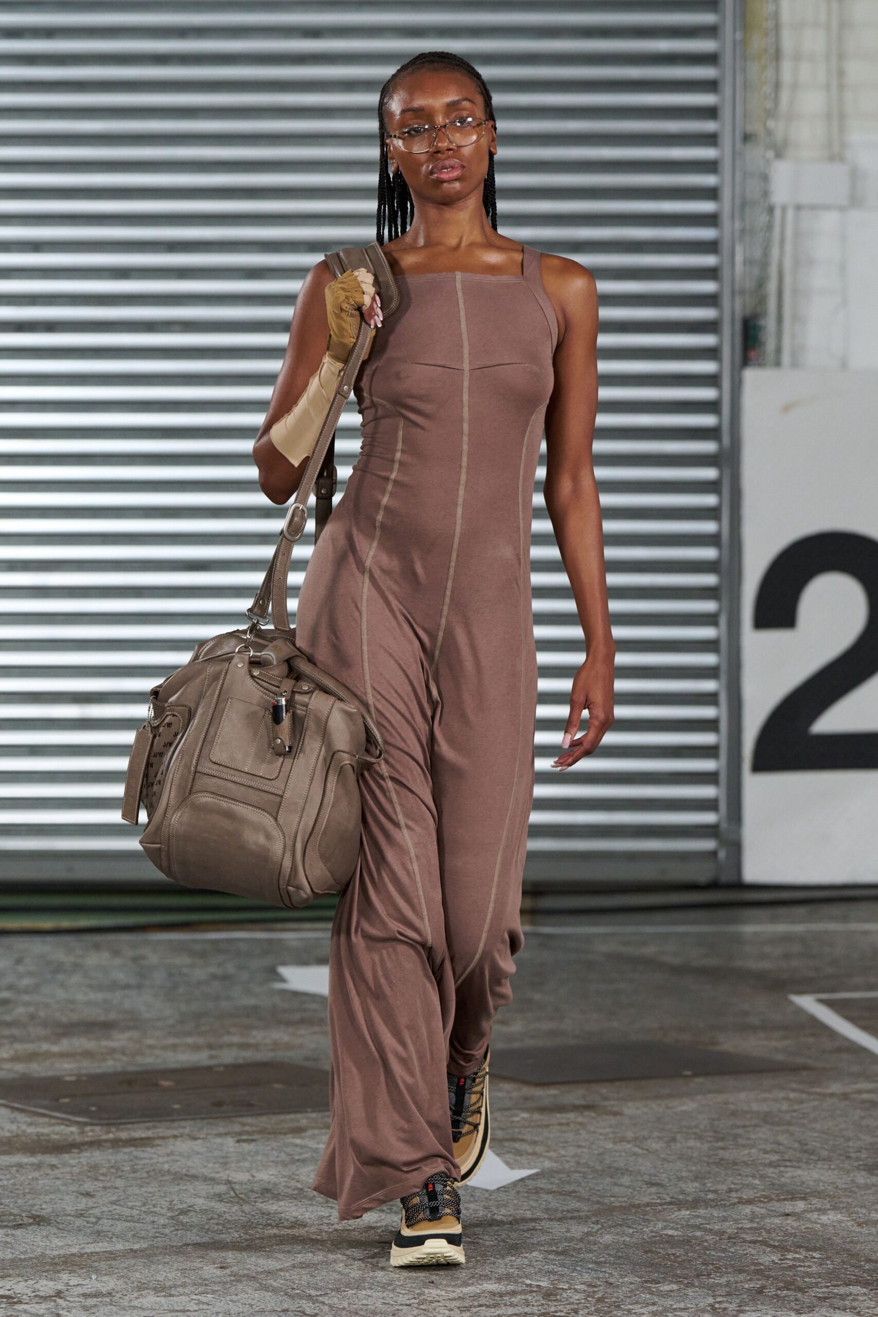 brown cotton sleeveless high-neck fitted zippered jumpsuit