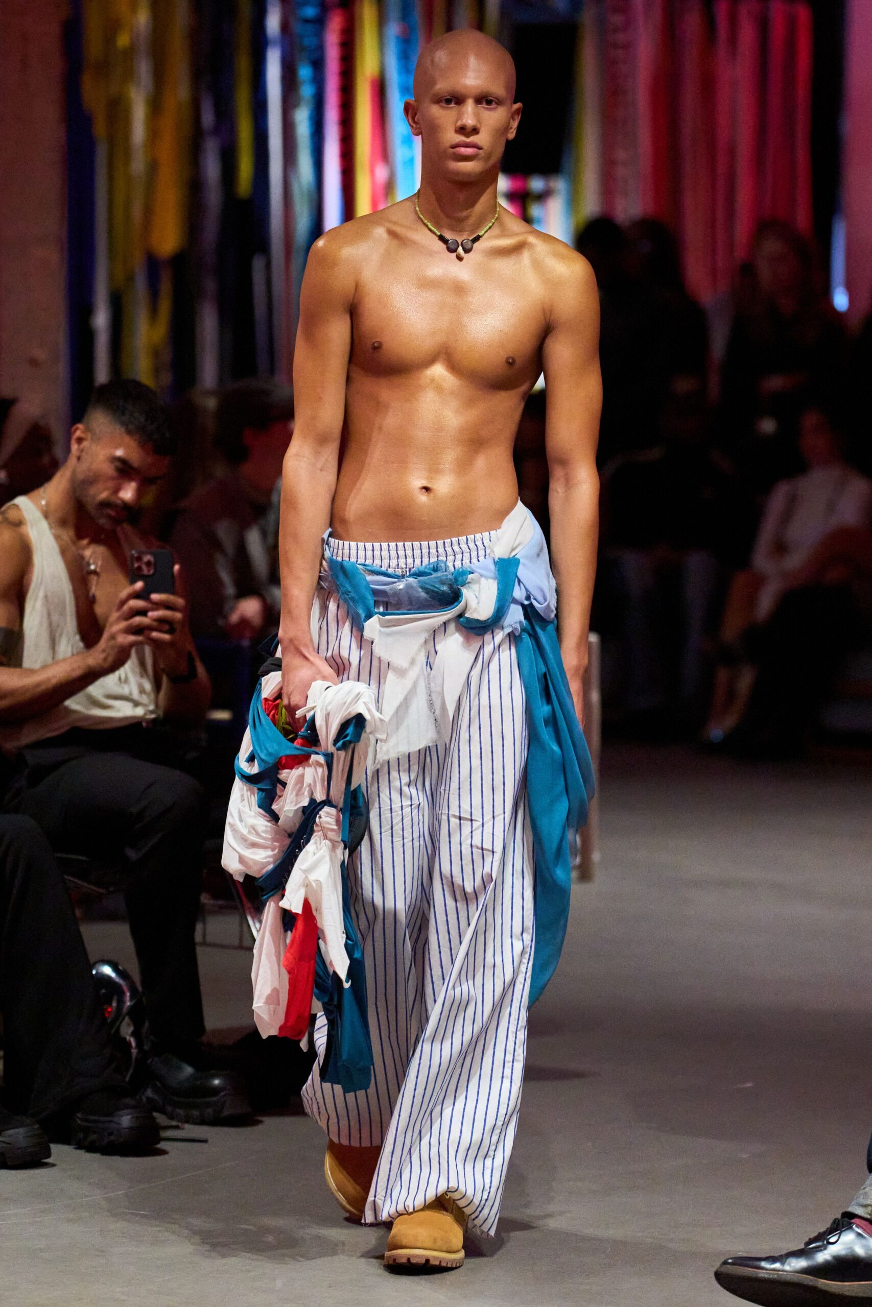 relaxed striped pants with brown shoes