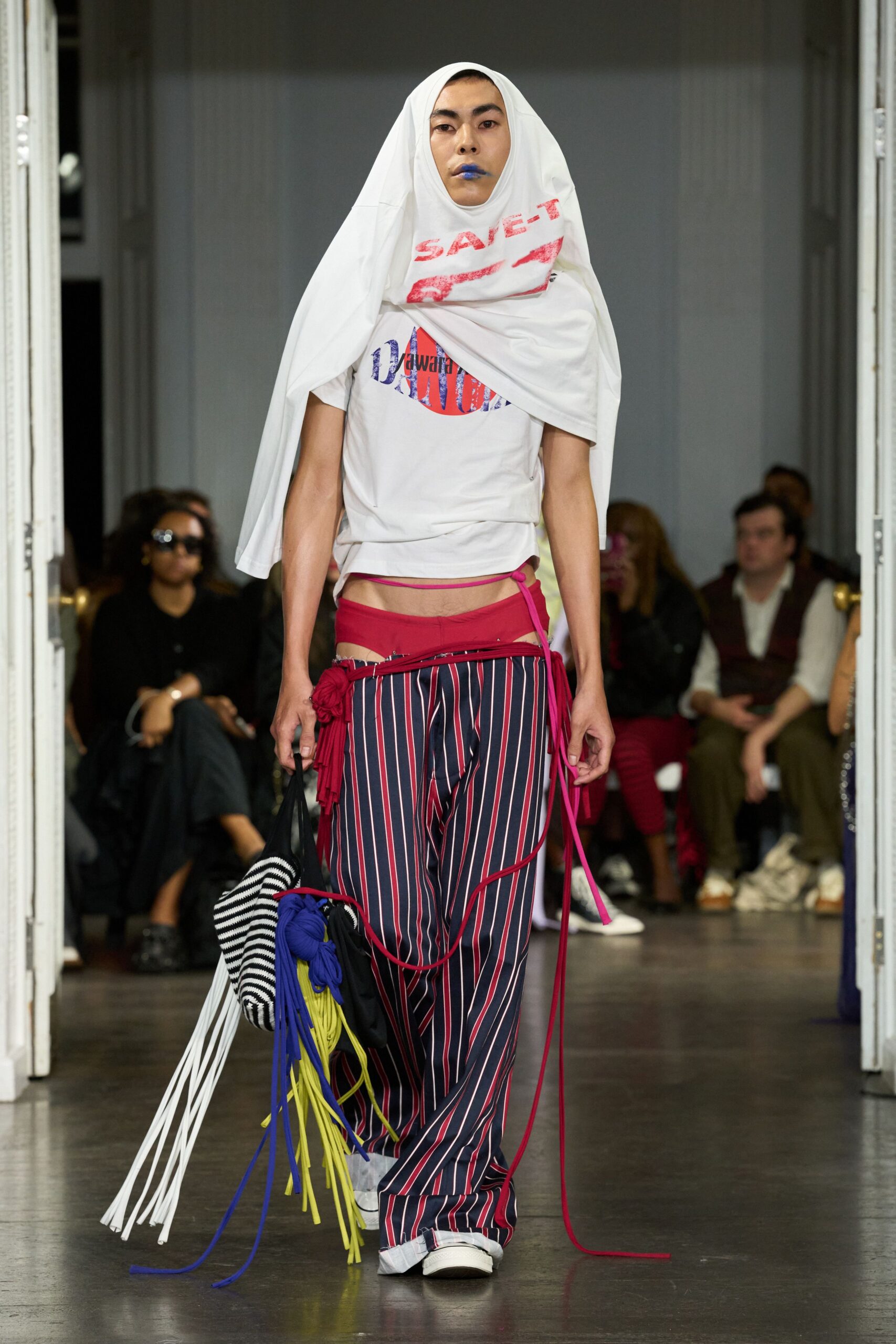 white relaxed t-shirt with striped pants