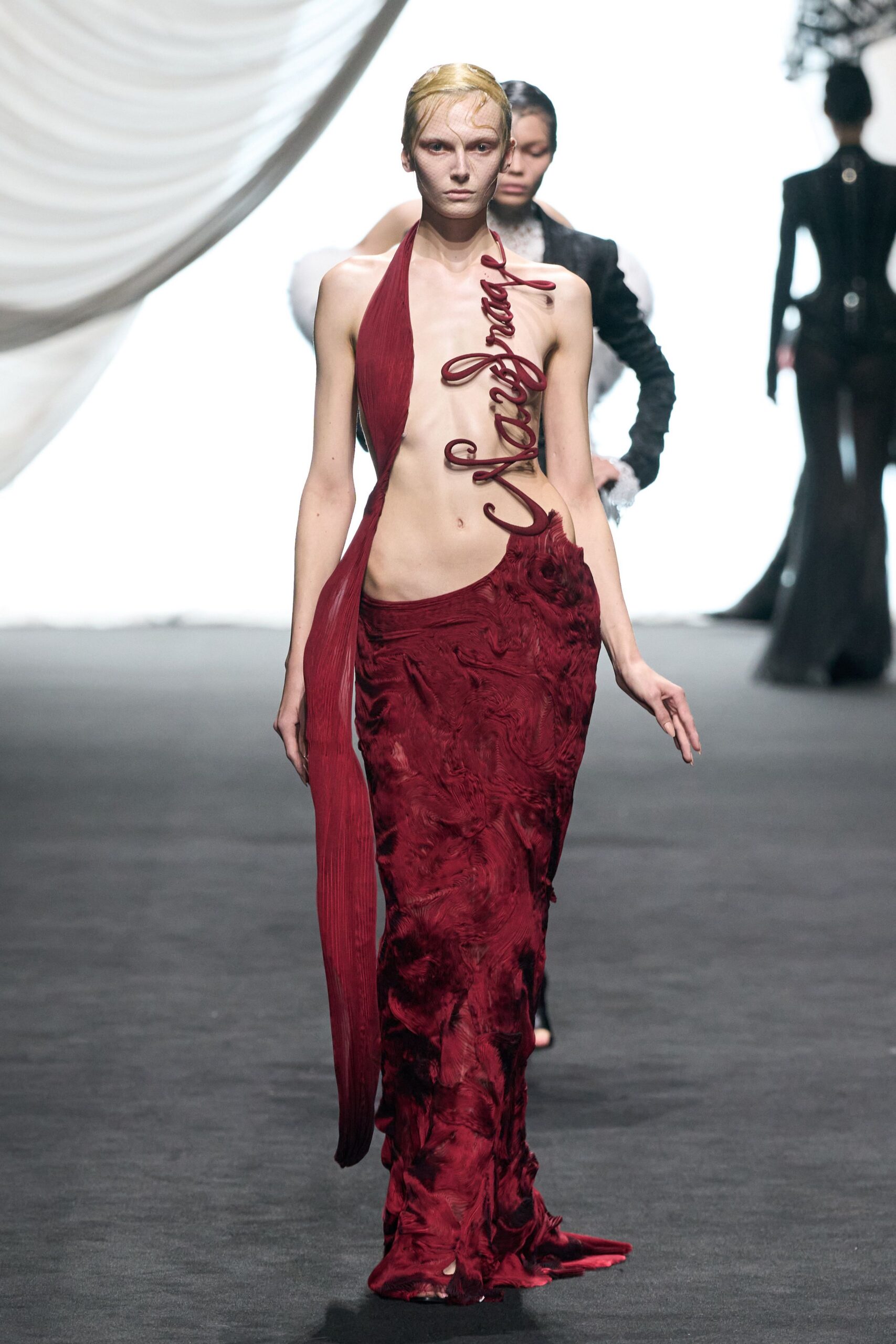 red silk sleeveless gown