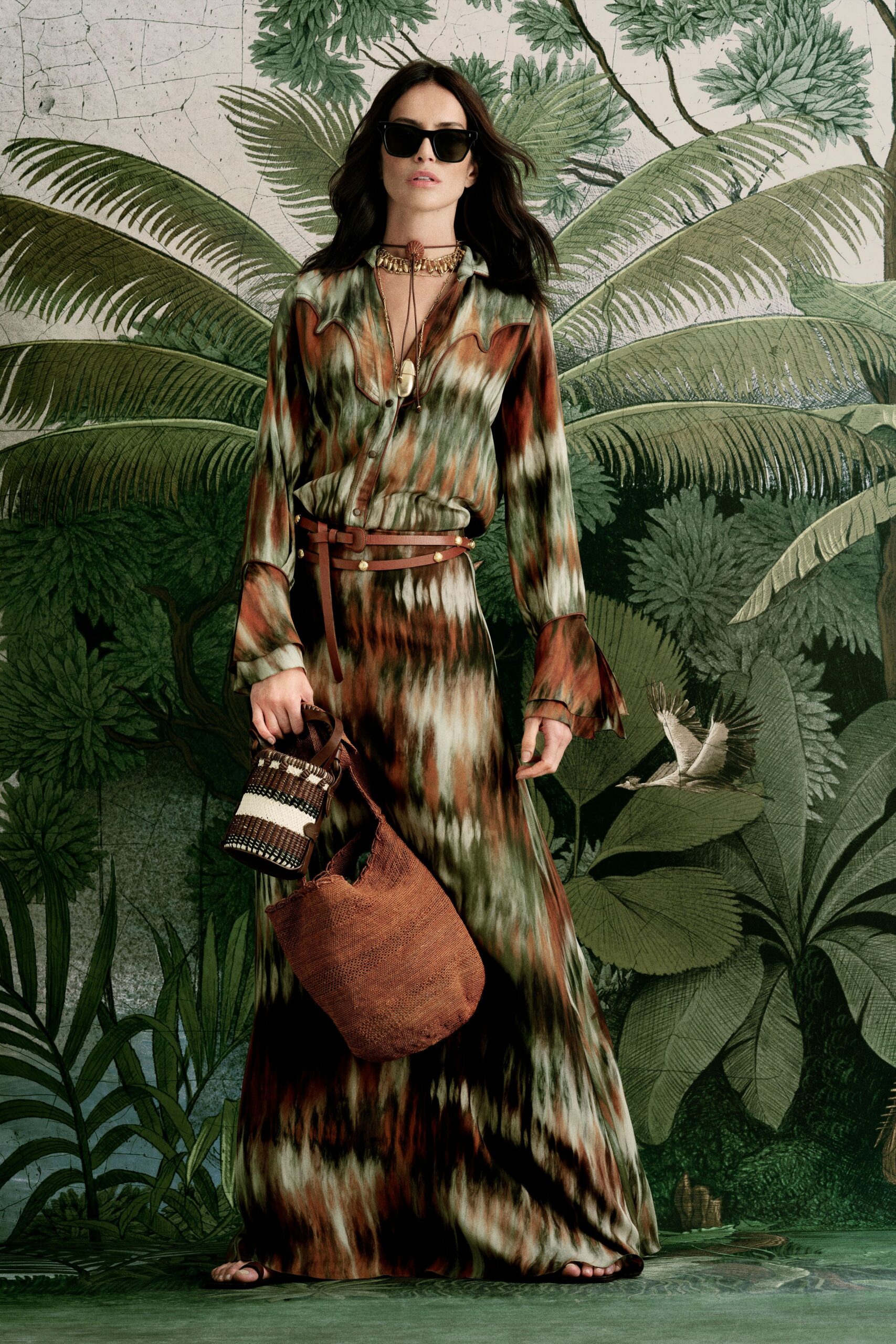 green silk long-sleeve collared relaxed printed tiered dress