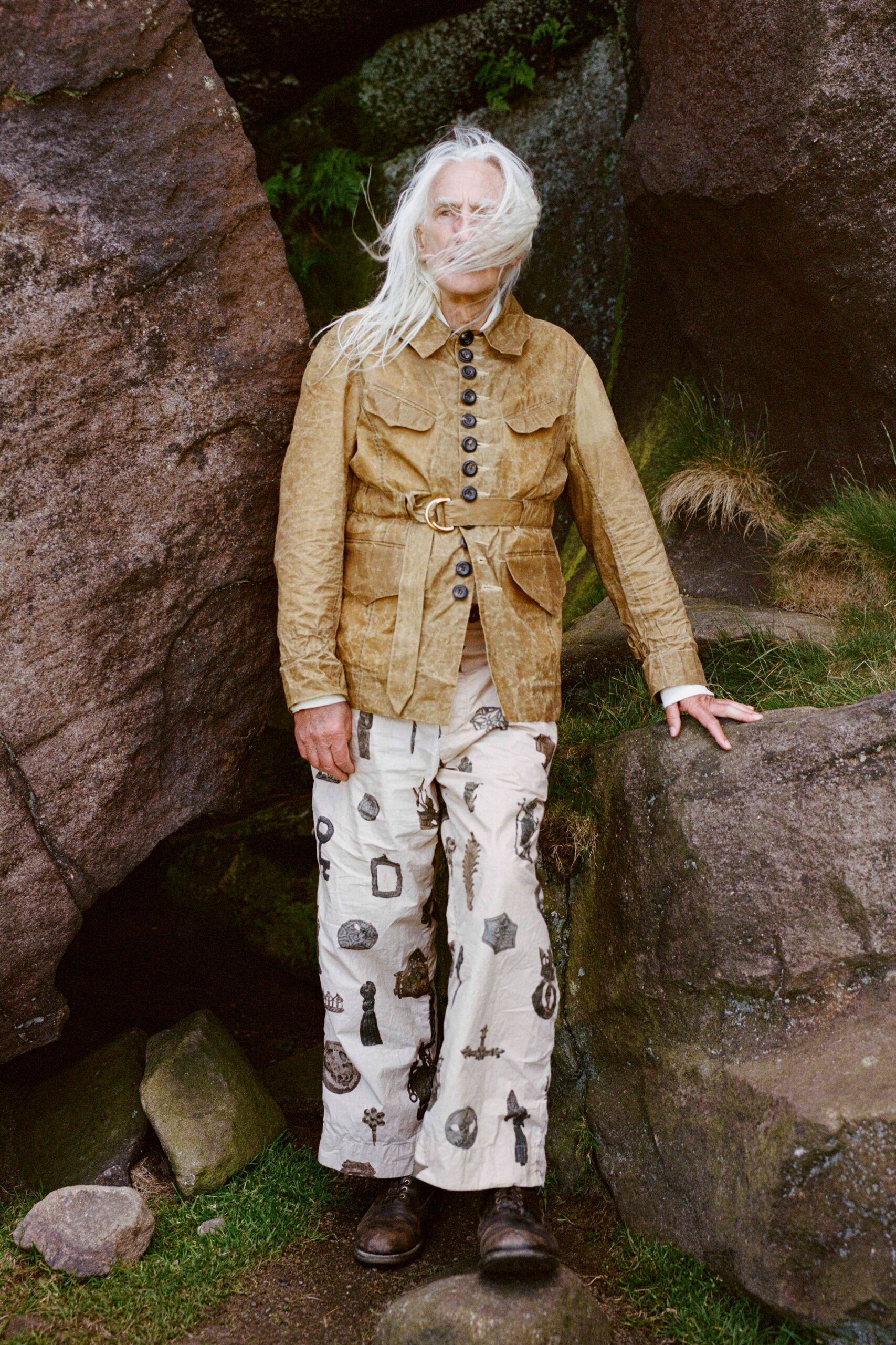 brown cotton jacket with printed pants