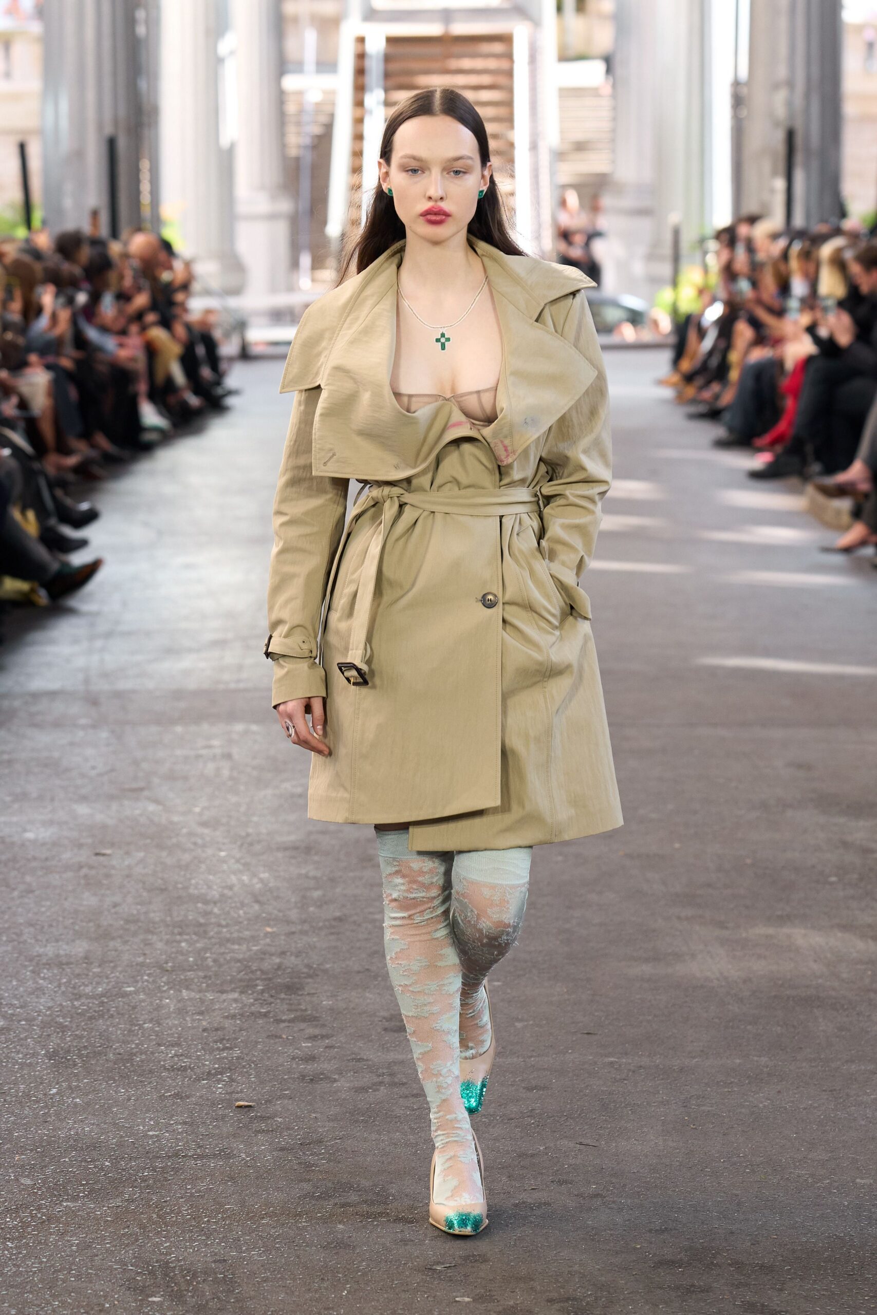 beige cotton long-sleeve collared fitted belted trench