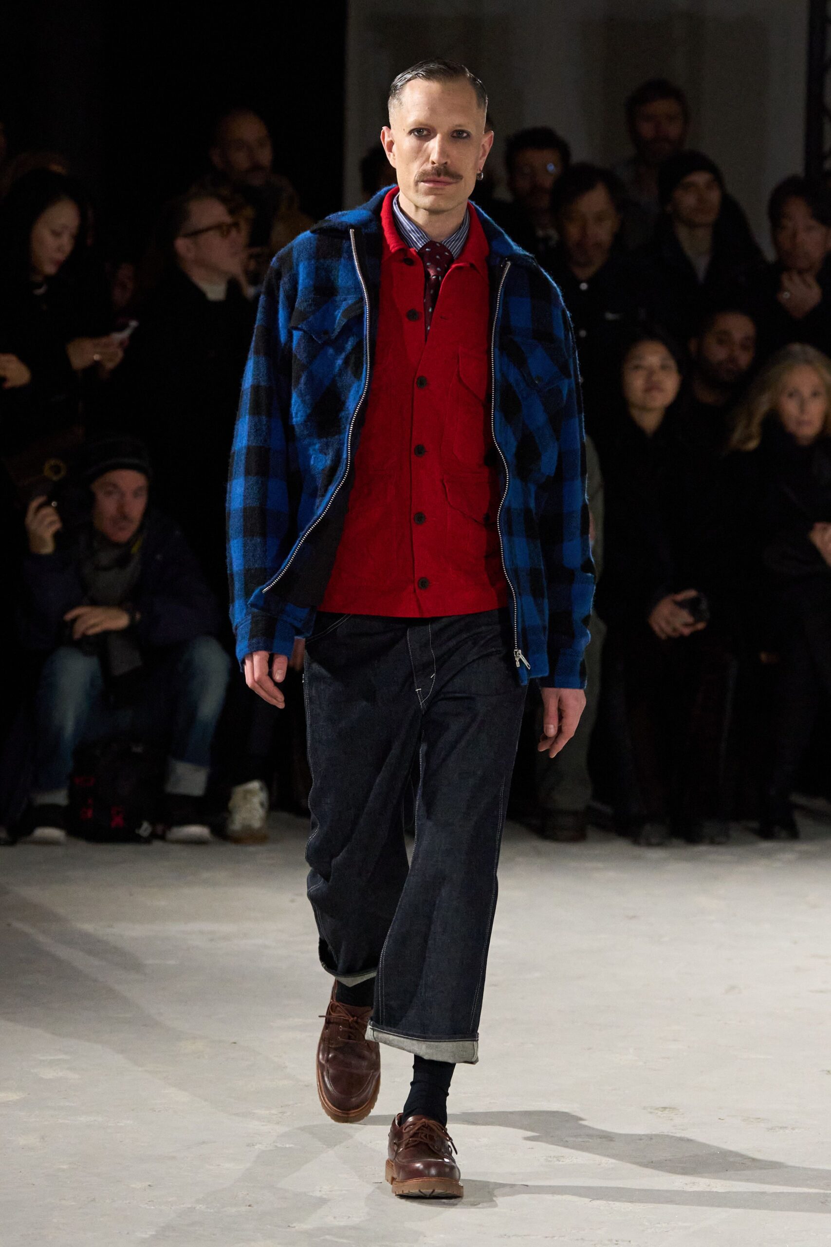 blue checked jacket with red shirt