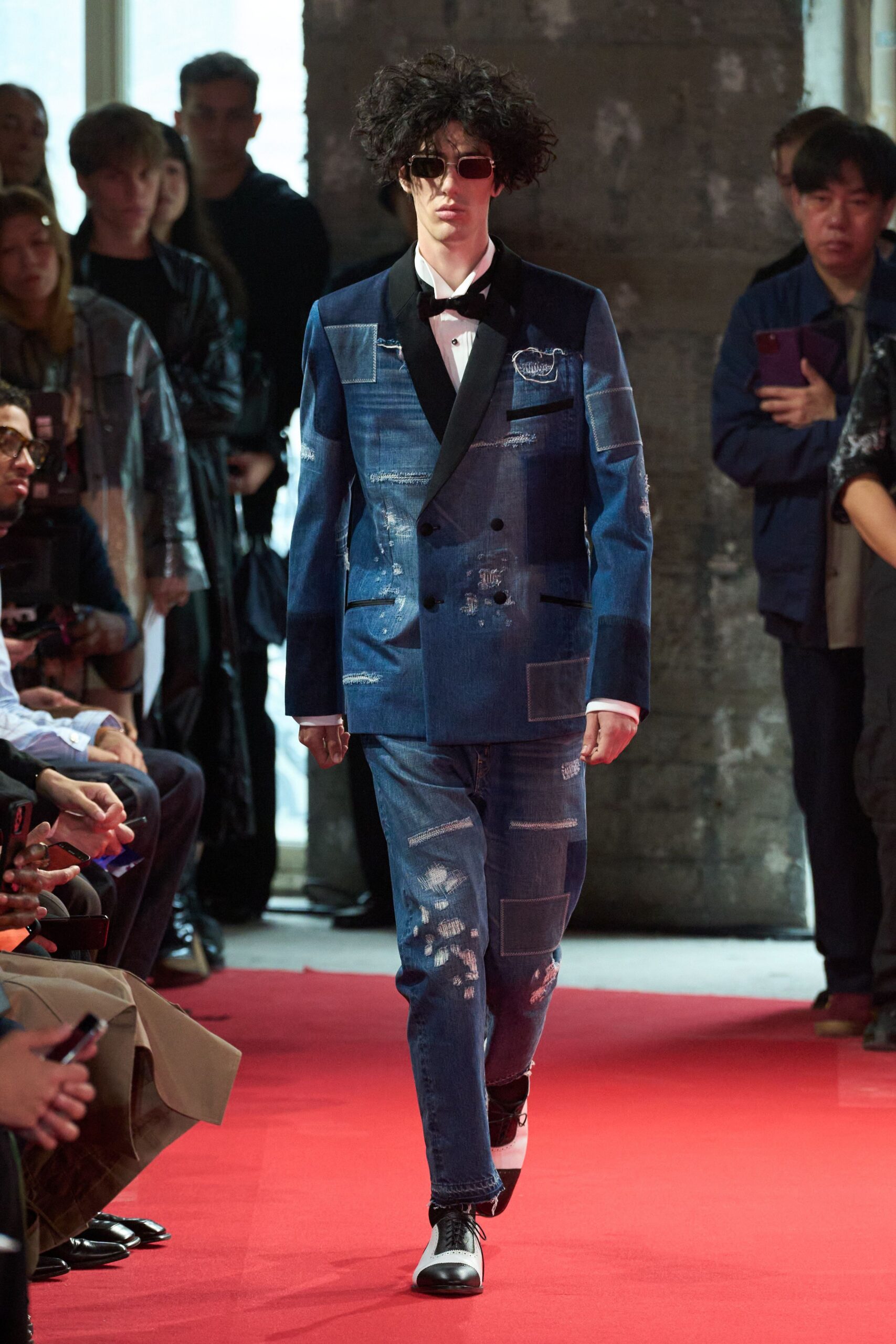 blue denim long-sleeve collared tailored buttoned patchwork suit