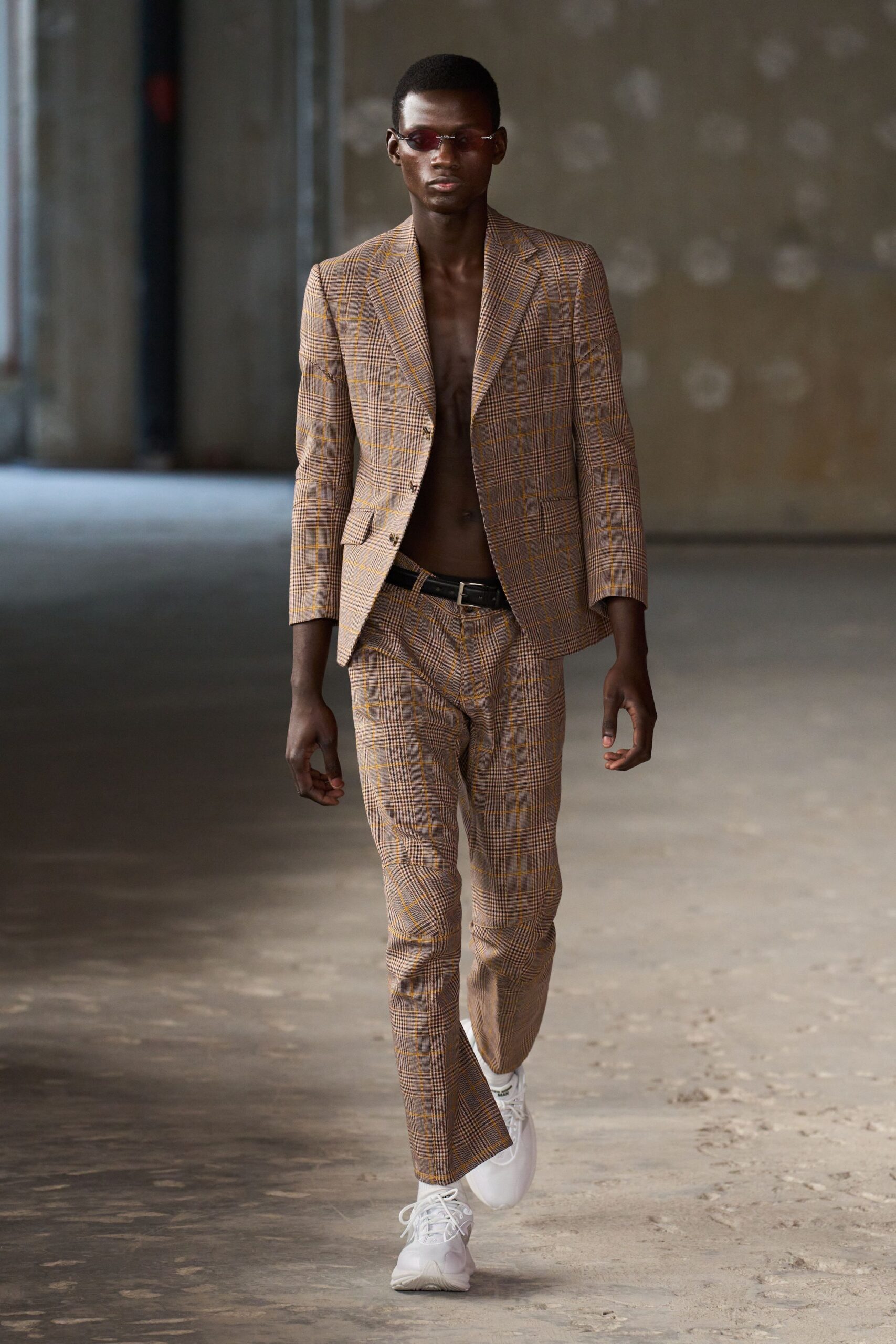 brown checked tailored suit