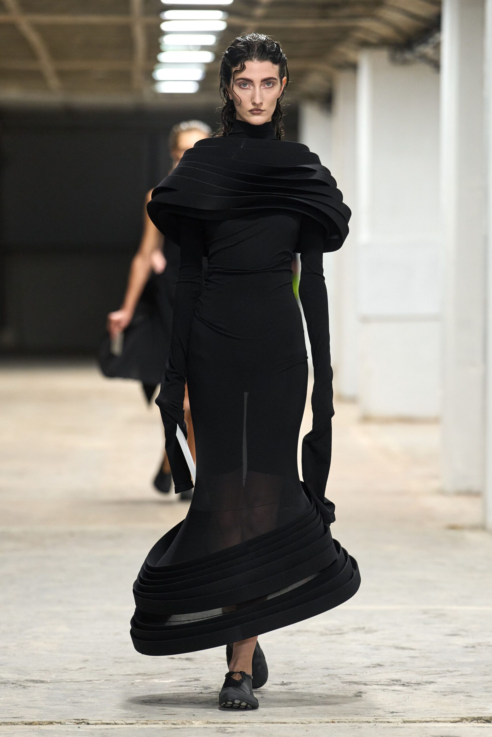 black silk long-sleeve high-neck fitted draped layered dress