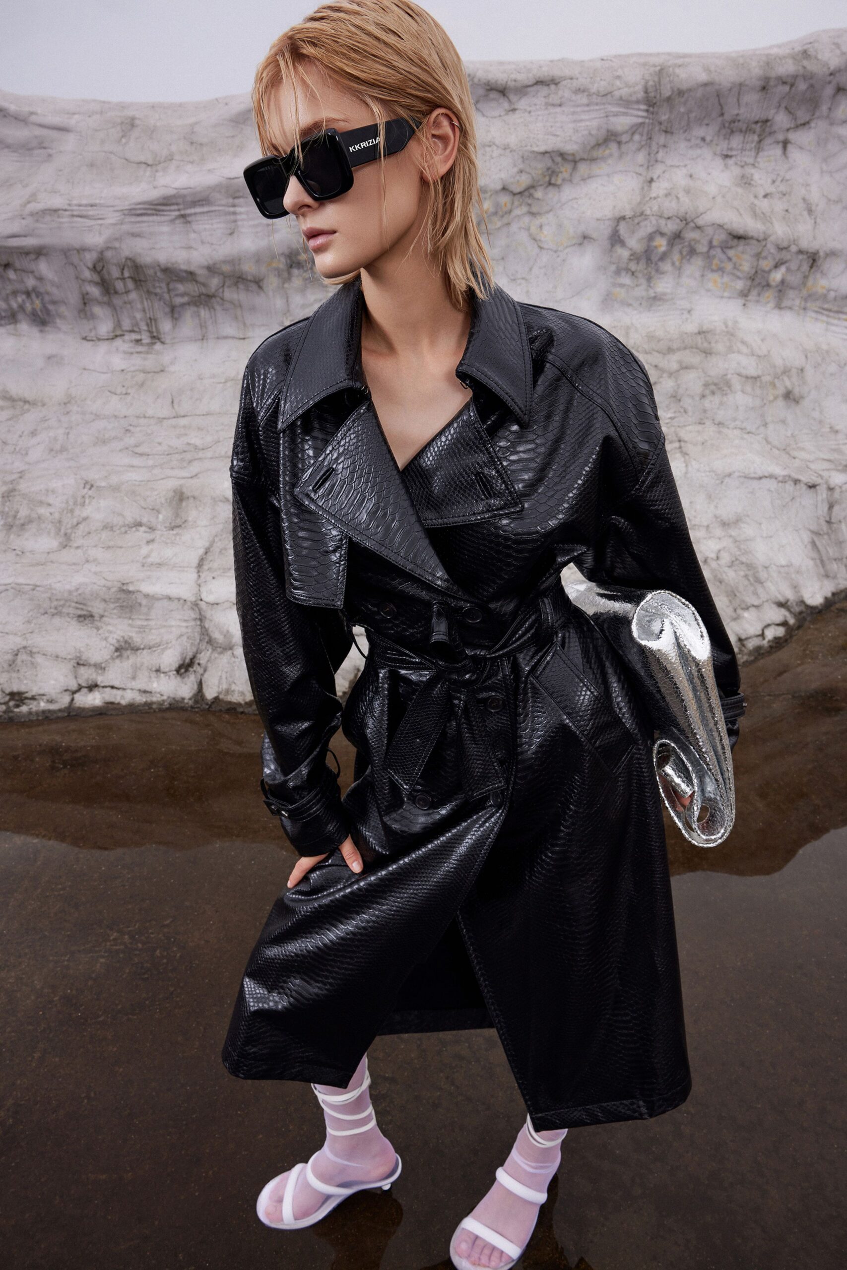 black vinyl long-sleeve collared fitted zippered belted trench